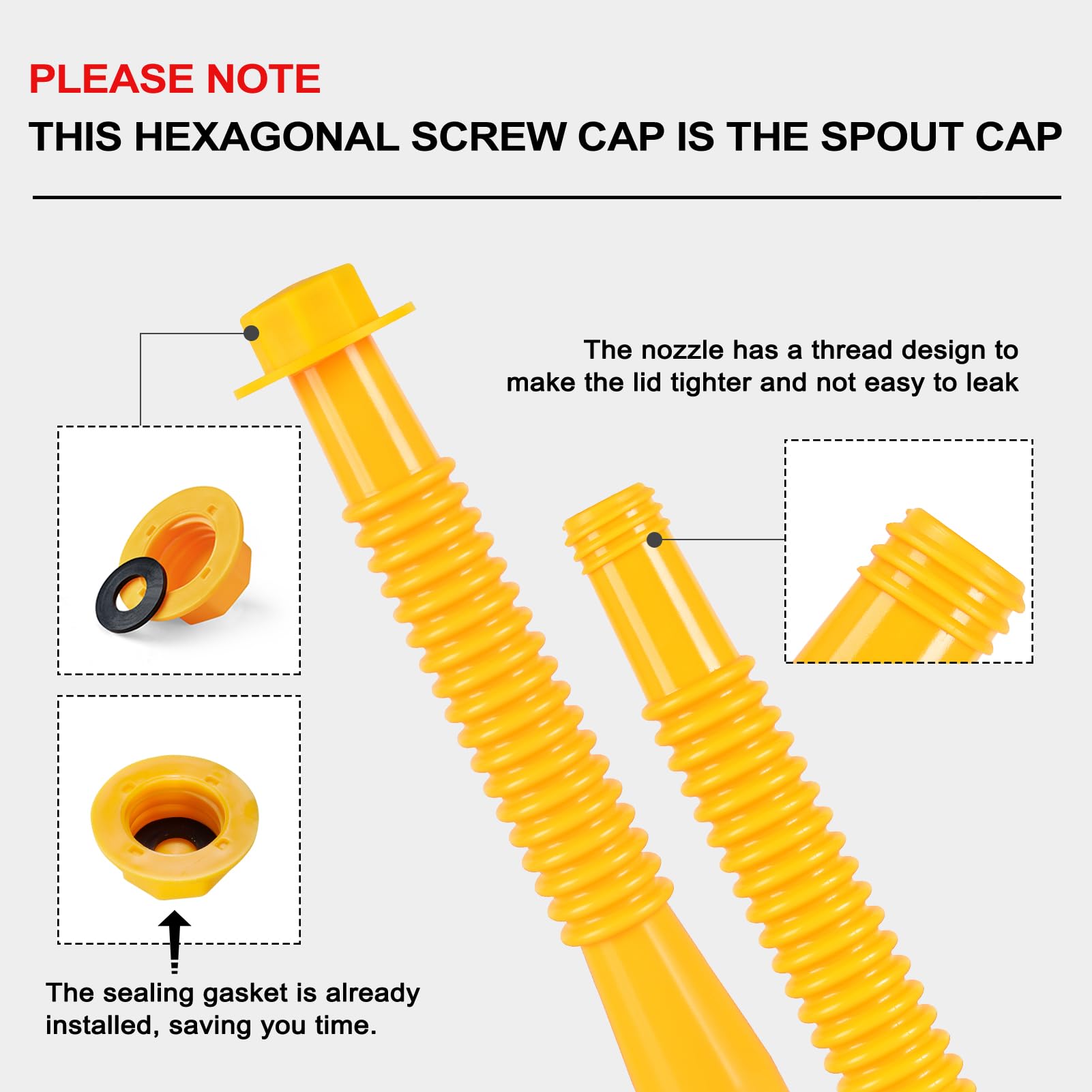 Gas Can Spout Replacement Kit, Gas Can Nozzle Replacement (5 Kit), for most 1/2/5/10 Gallon Gas Cans. The seal is fully installed you can use it directly. Replacement gas can spout (Yellow)