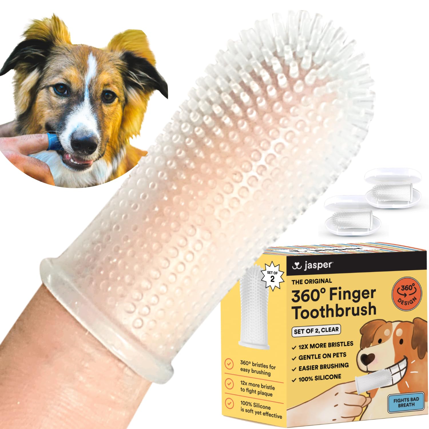 Jasper 360º Dog Toothbrush, Cat Toothbrush, Dog Tooth Brushing Kit, Dog Teeth Cleaning Kit, Dog Dental Care, for Use with Dog Toothpaste and Cat Toothpaste, 2-Pack Clear