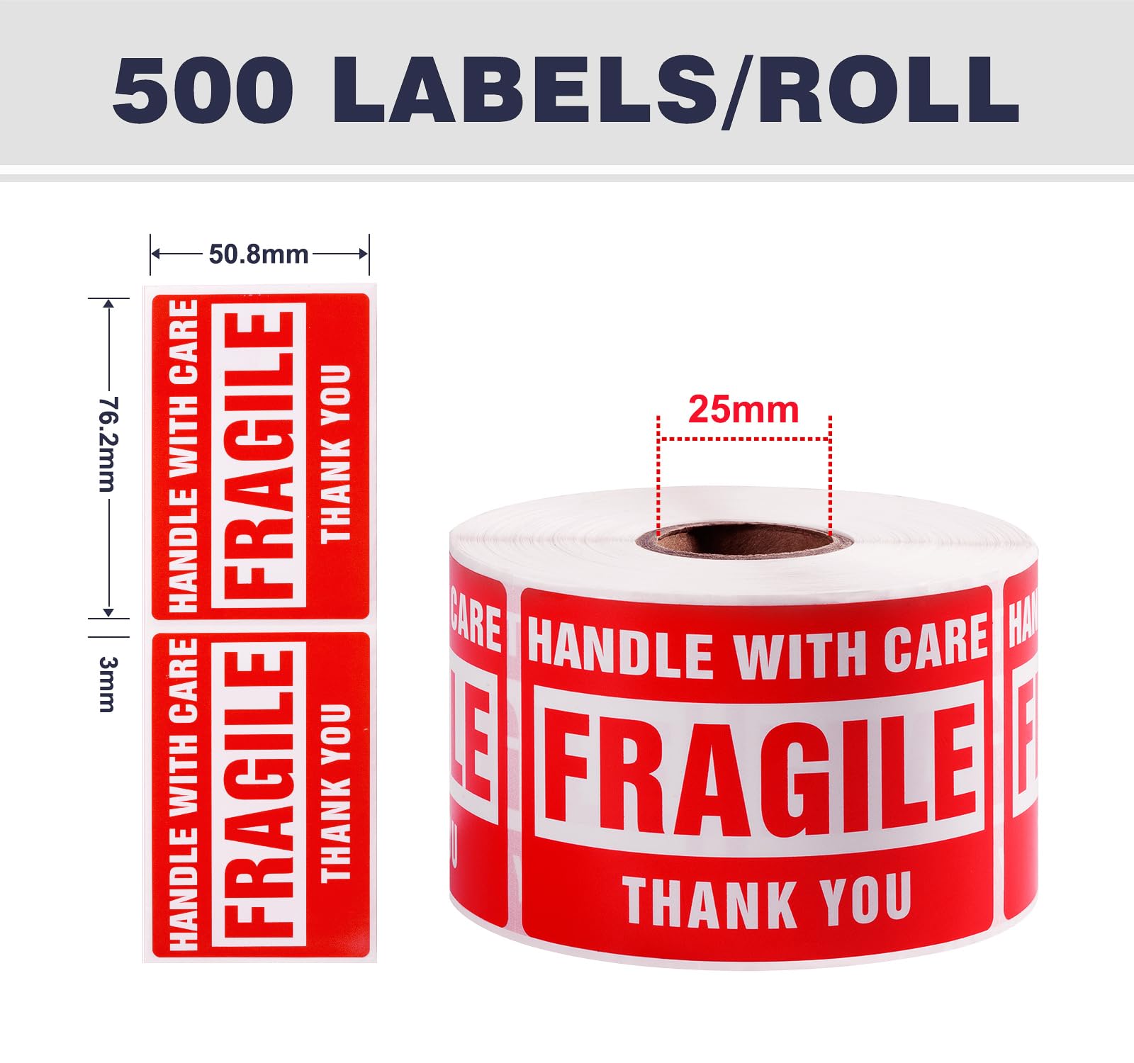LuckyGuard 3 x 2 Inch Handle with Care 500 Fragile Stickers for Shipping Moving Glass Permanent Adhesive Fragile Labels (1 Roll, 500 Labels)