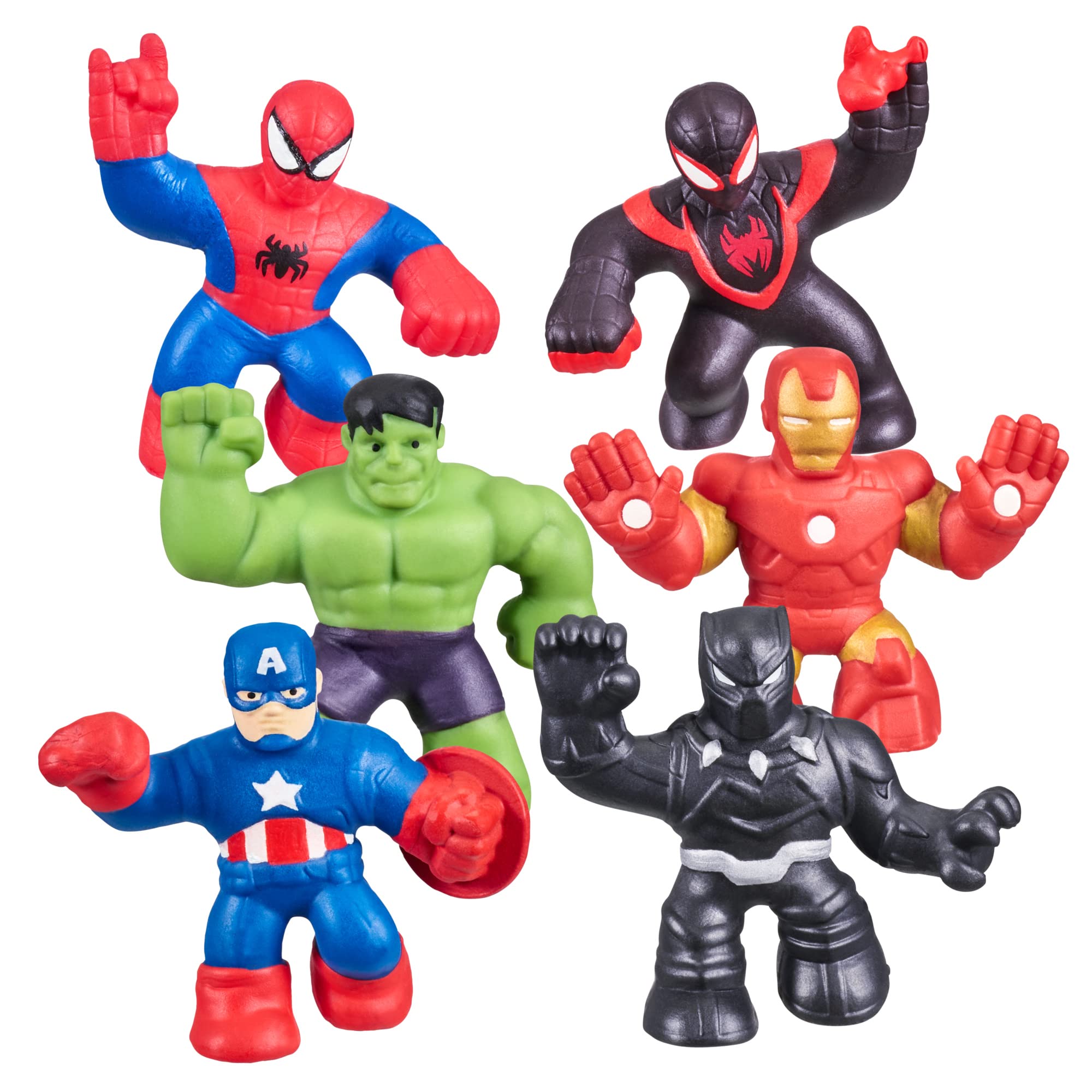 Heroes of Goo Jit Zu Marvel Mega Mini 6er-Pack – Quetschbare, dehnbare, schleimige Mini-Helden – Ironman, Spider-Man, Captain America, Miles Morales, Hulk und Black Panther