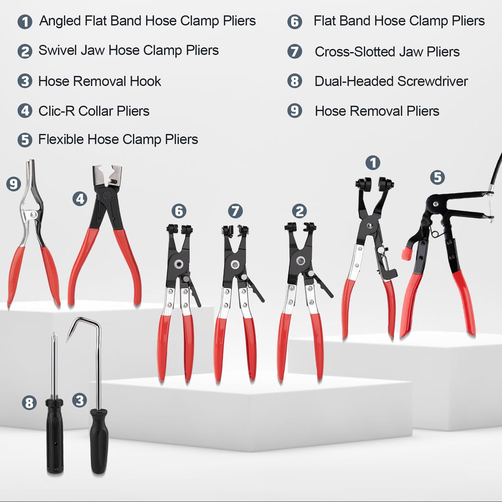 9PCS Hose Clamp Pliers, Long Reach Hose Clamp Tool Remover for Water Hose and Automotive Coolant Radiator Heater with Flexible Wire Long Reach Hose Clamp and Flat Band Pliers