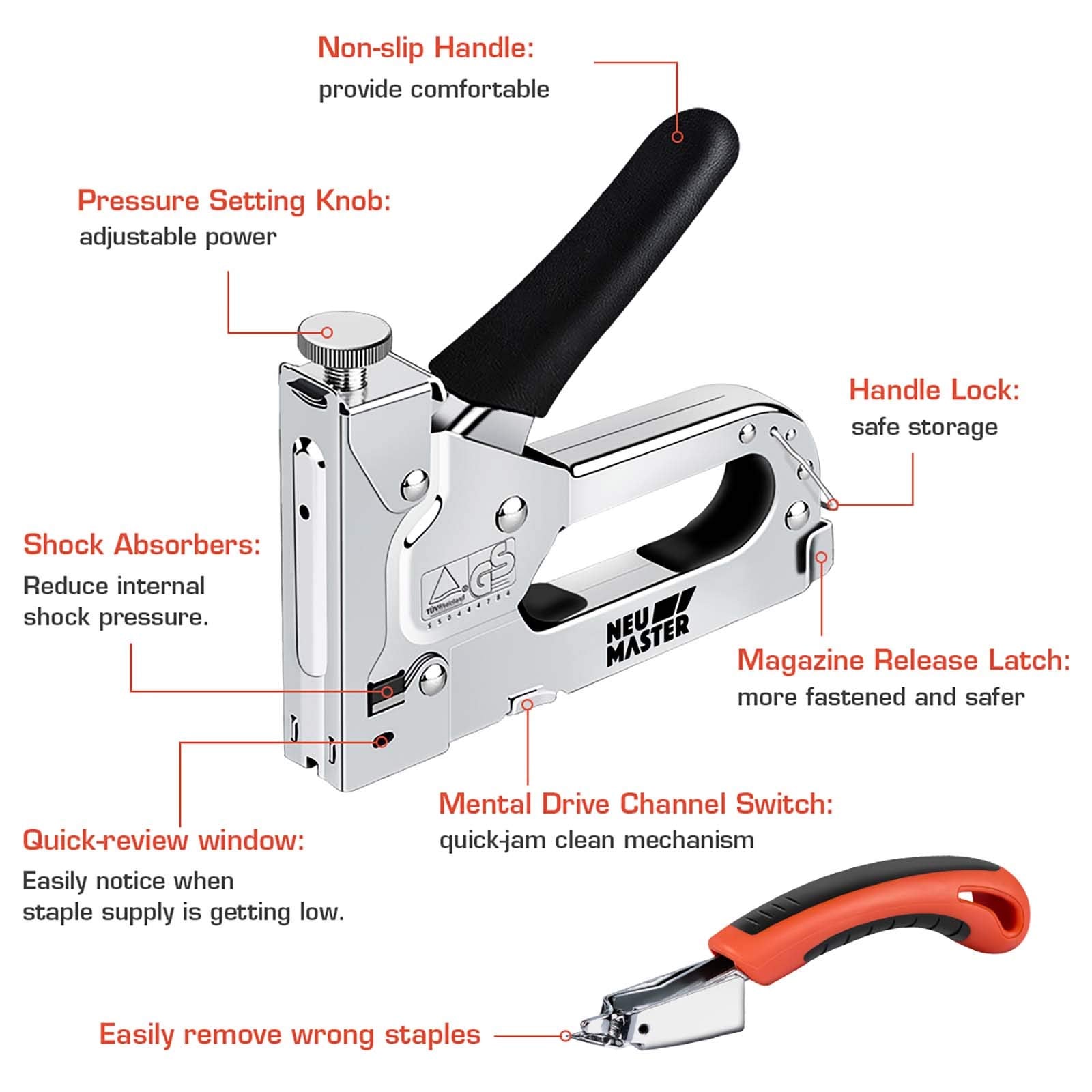 NEU MASTER 3 in 1 Staple Gun, Manual, Heavy Duty with Stapler Remover and 2000Pcs Staples for Upholstery, Fixing Material, Decoration, Carpentry, Furniture