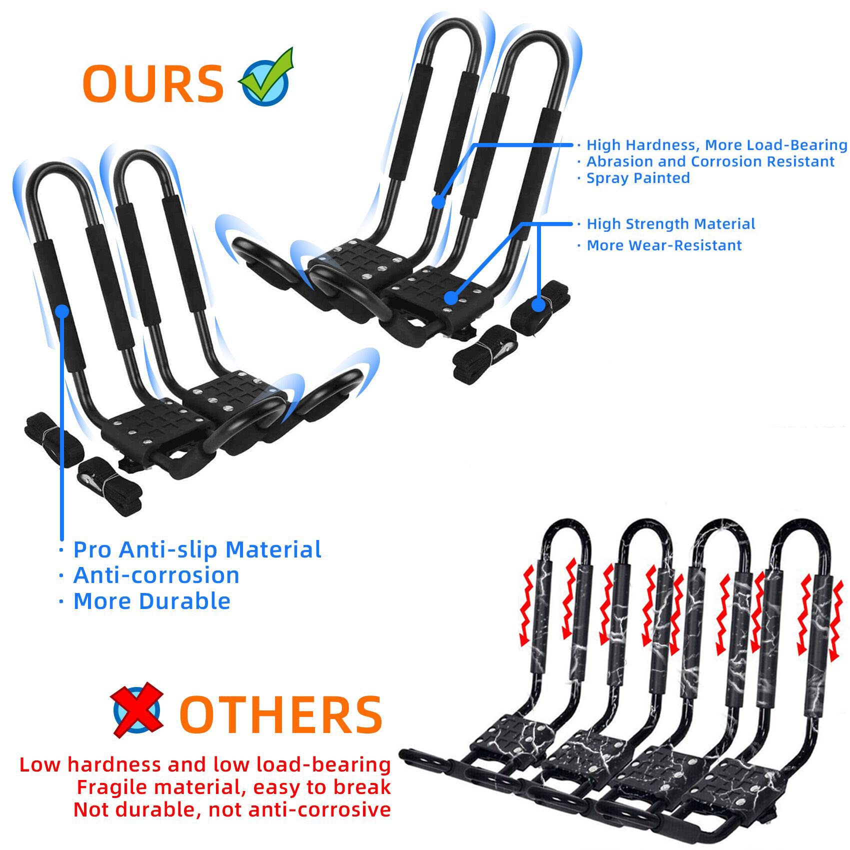 PIRIPARA Kayak Roof Rack 2 Pairs J-Bar Carrier Holder for Canoe, SUV, Cars, Truck, Surf Ski, Car Top Mount Racks for Trip, Set of 4