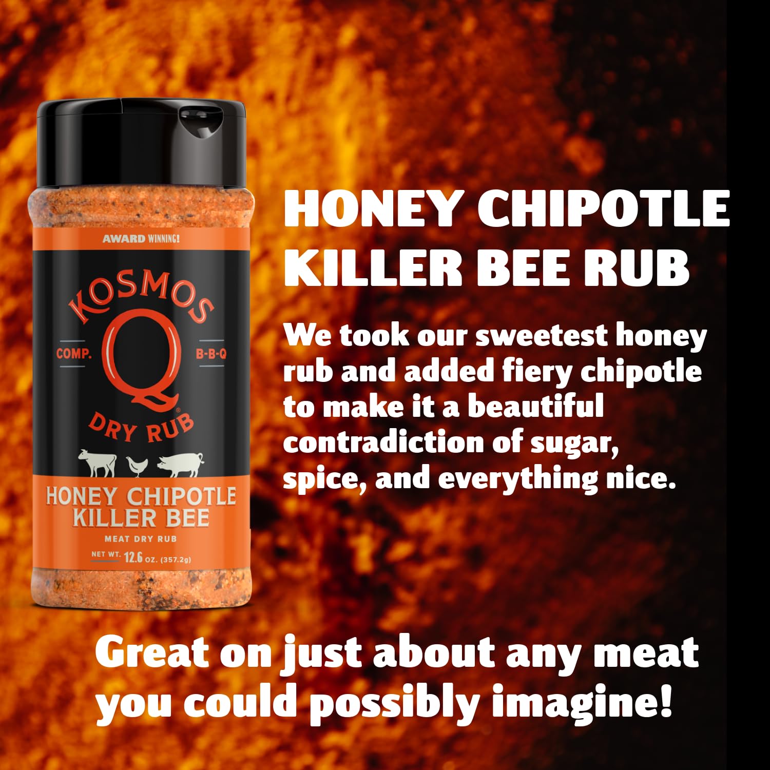 Kosmos Q Honey Chipotle Killer Bee BBQ Dry Rub, Sweet and Spicy Seasoning with Sugar, Chipotle, Garlic & Paprika for Ribs, Pulled Pork, Chicken, Dry Rub For Smoking & Grilling, 12.6 Oz Shaker Bottle