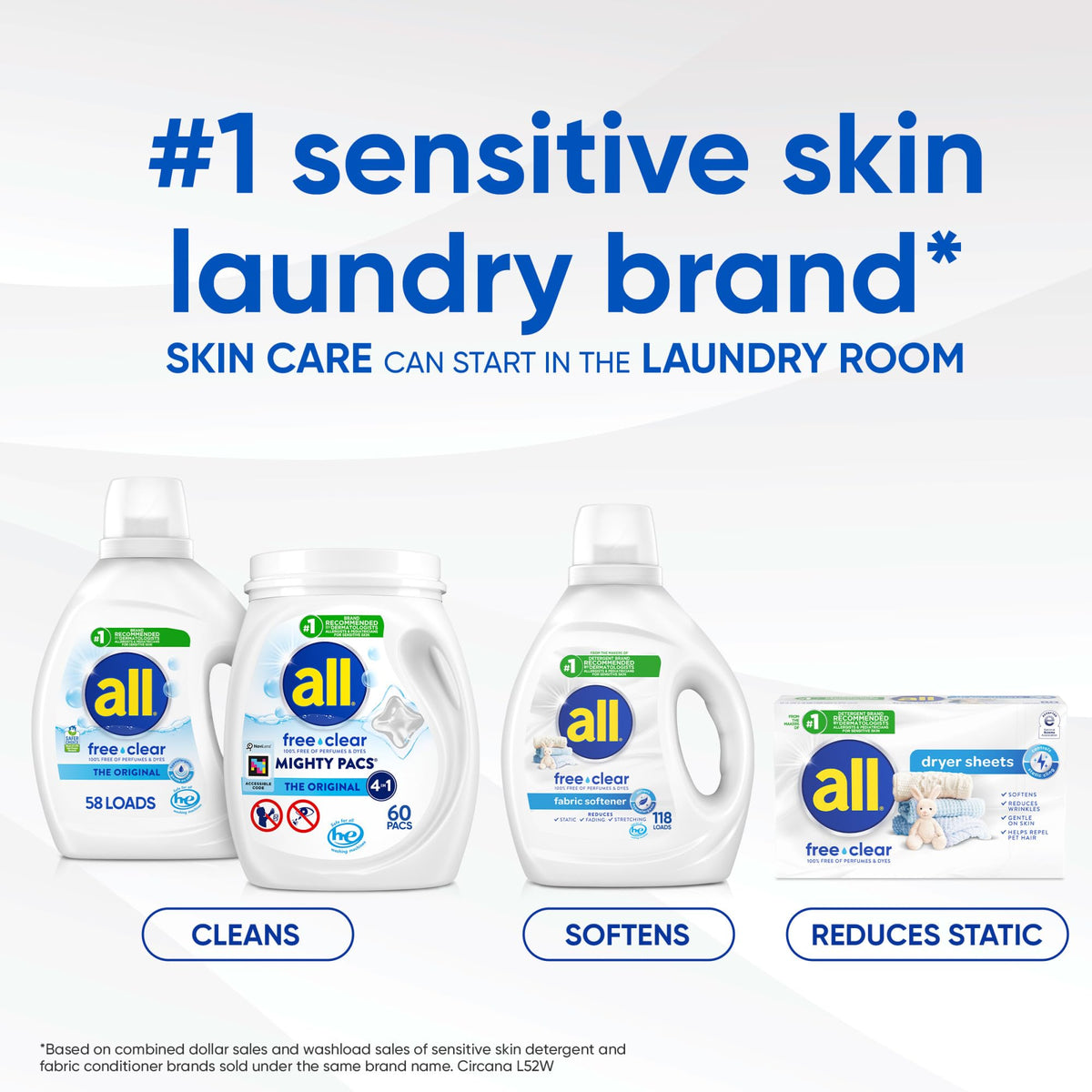مناديل التجفيف all Fabric Softener للملابس الحساسة، خالية من المواد المسببة للحساسية، 195 منديل