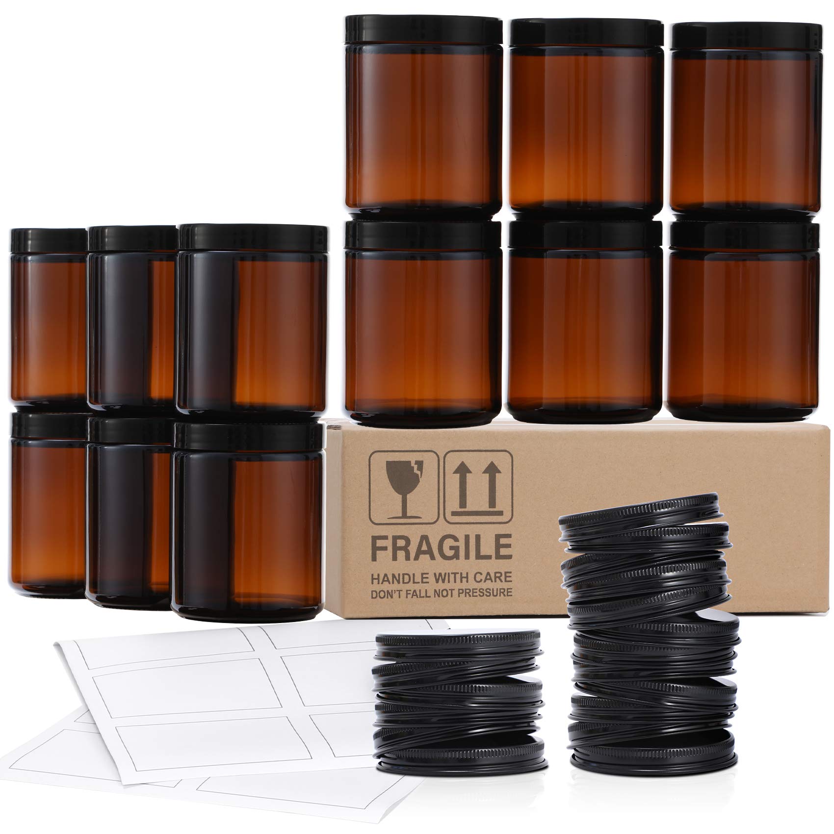 12 Pack, 8 OZ Thick Glass Jars with Lids, Dark Amber Candle Jars with 12 Metal & 12 Plastic Lids - Empty Round Food Storage Containers, Canning Jar For Spice, Powder, Liquid, Sample - Dishwasher Safe