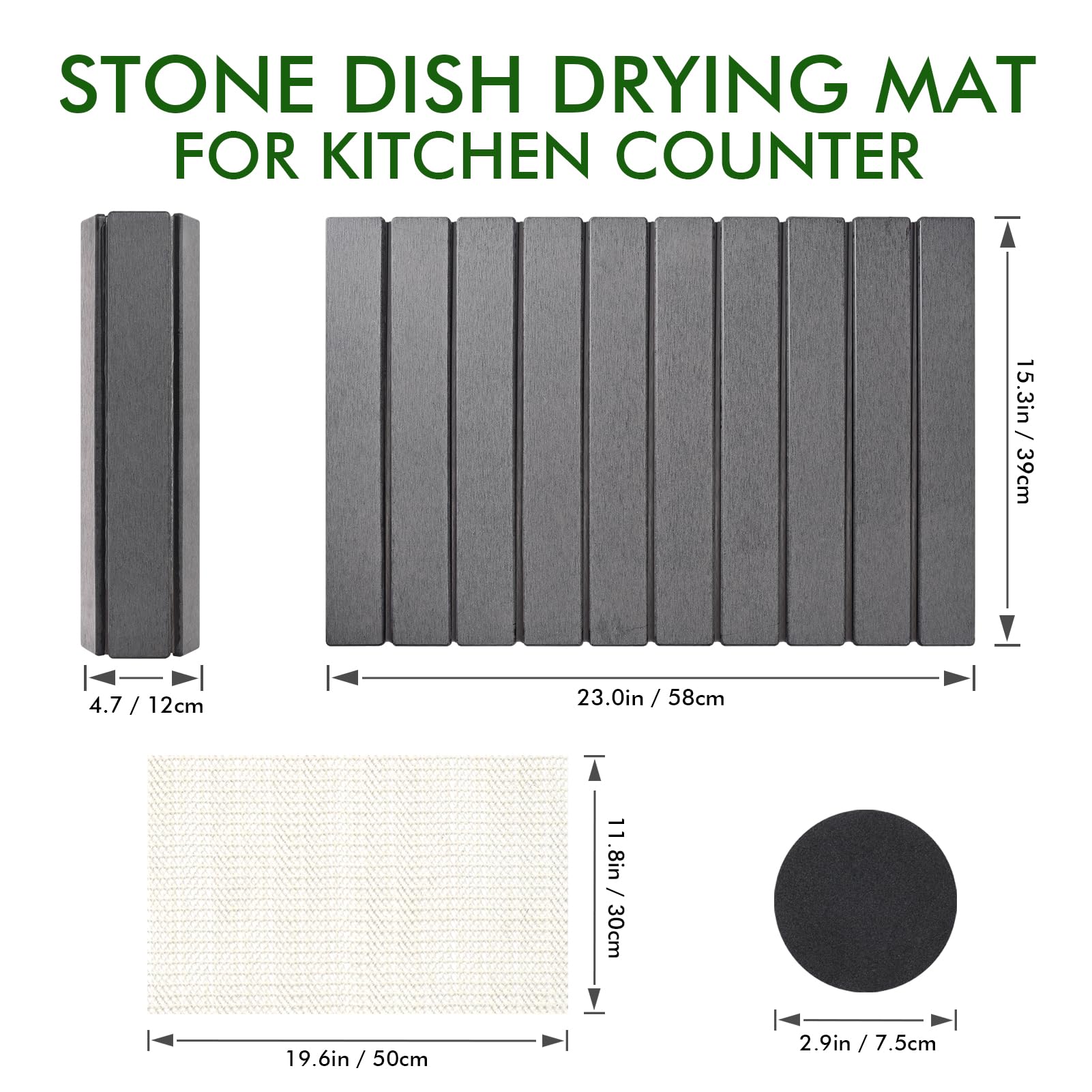 Oxydrily Stone Drying Mat for Kitchen Counter, Large Dark Gray Foldable Diatomaceous Earth Dish Drying Mat, Quick-Dry Absorbent Bath & Countertop Mat for Dishes Bottles Cups 23"x15.3"