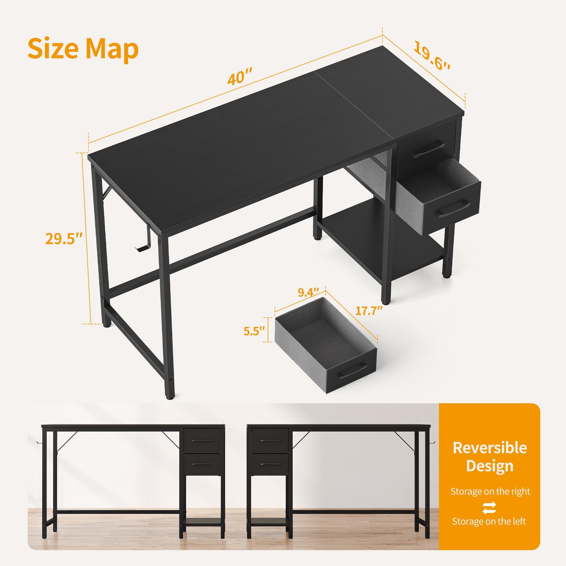 CubiCubi Computer Desk with 2 Drawers, 40 Inch Small Home Office Desk Study Writing Table, Modern Black