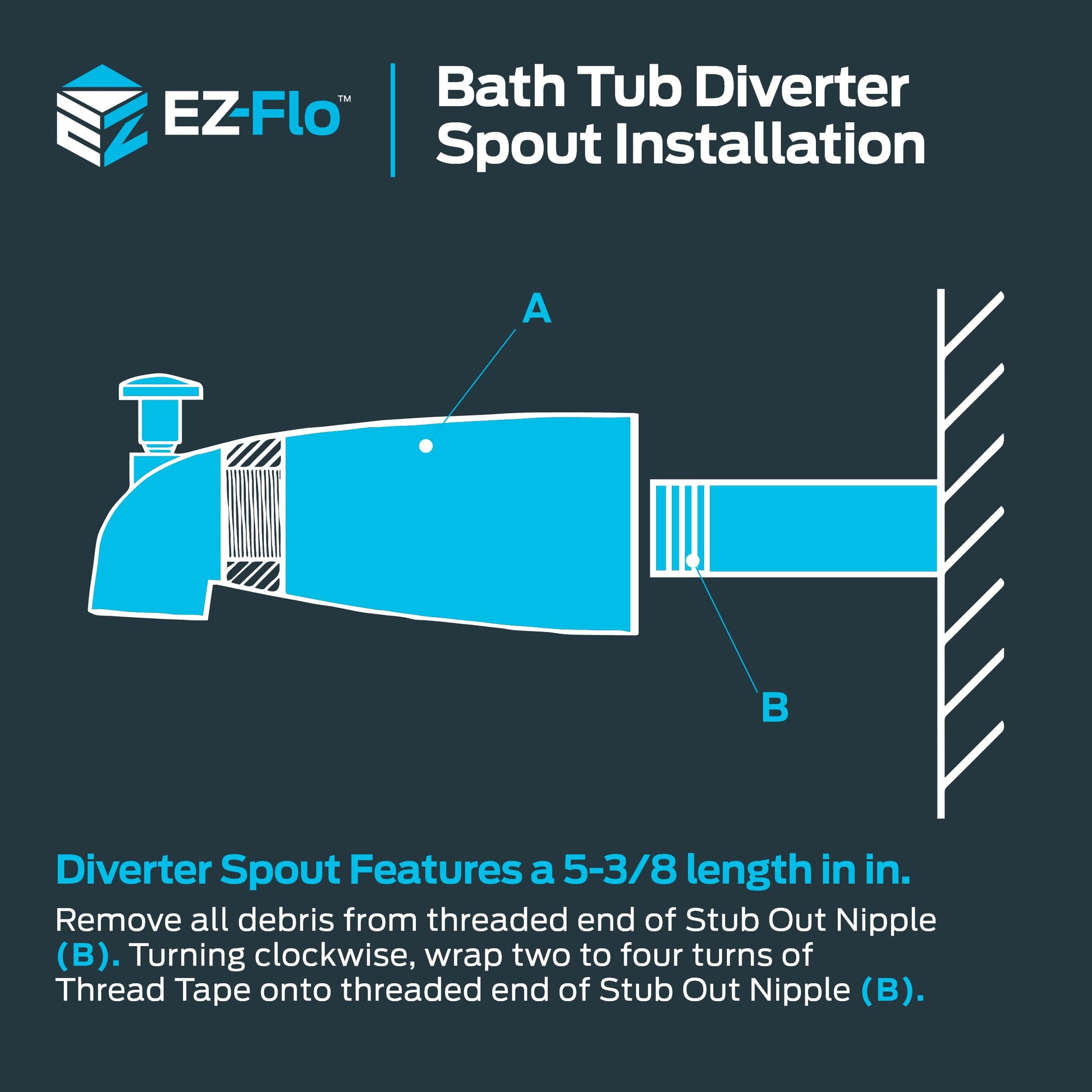 EZ-FLO 5-3/8 Inch Nose Diverter Tub Spout, 1/2 Inch IPS Connection, Chrome Finish, 15083