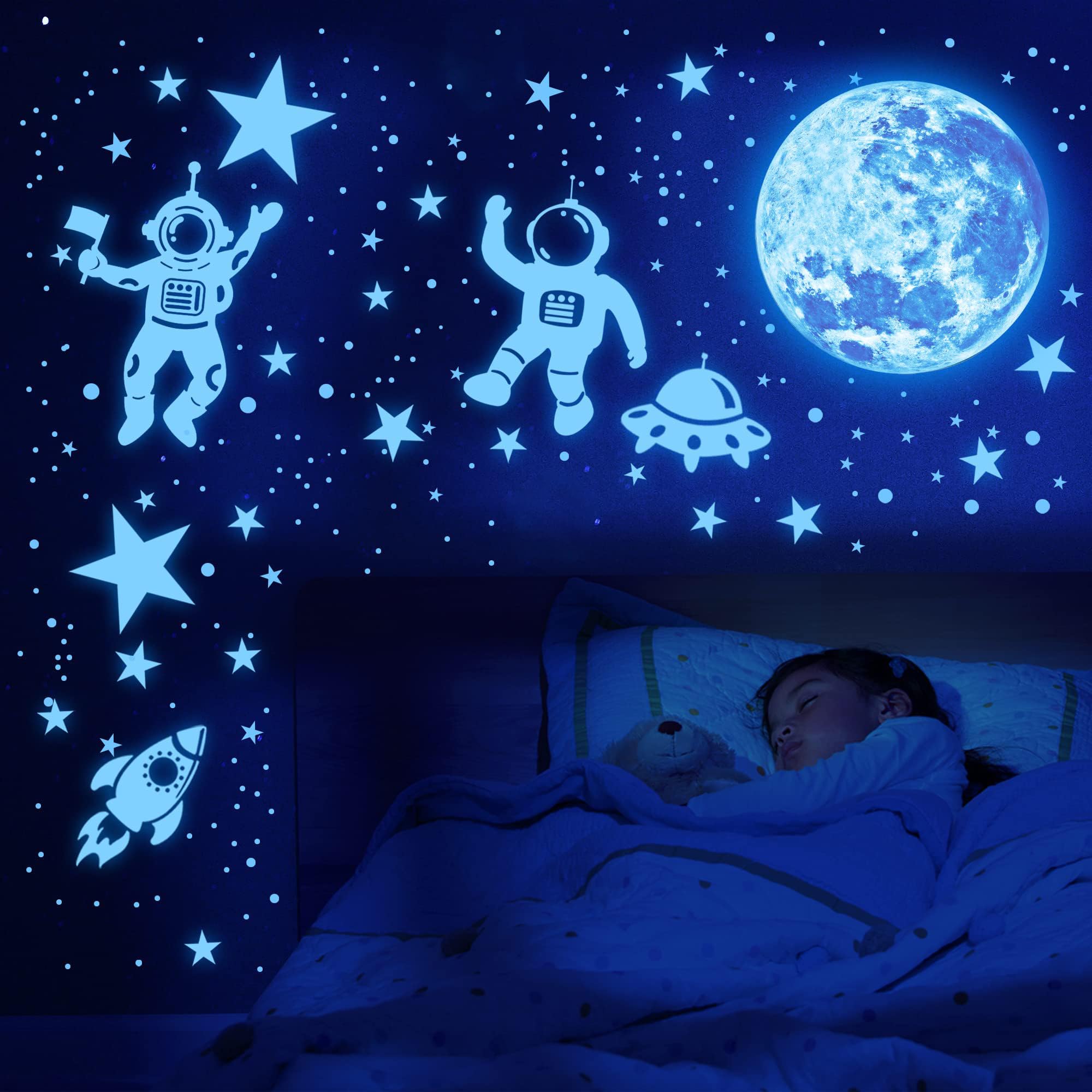 Glow in The Dark Stars for Ceiling 1106Pcs Glow in The Dark Moon and Planet Wall Decal Luminous Astronaut Universe Galaxy Space Wall Stickers Outer Space Decal for Kids Boys Bedroom Christmas Gift