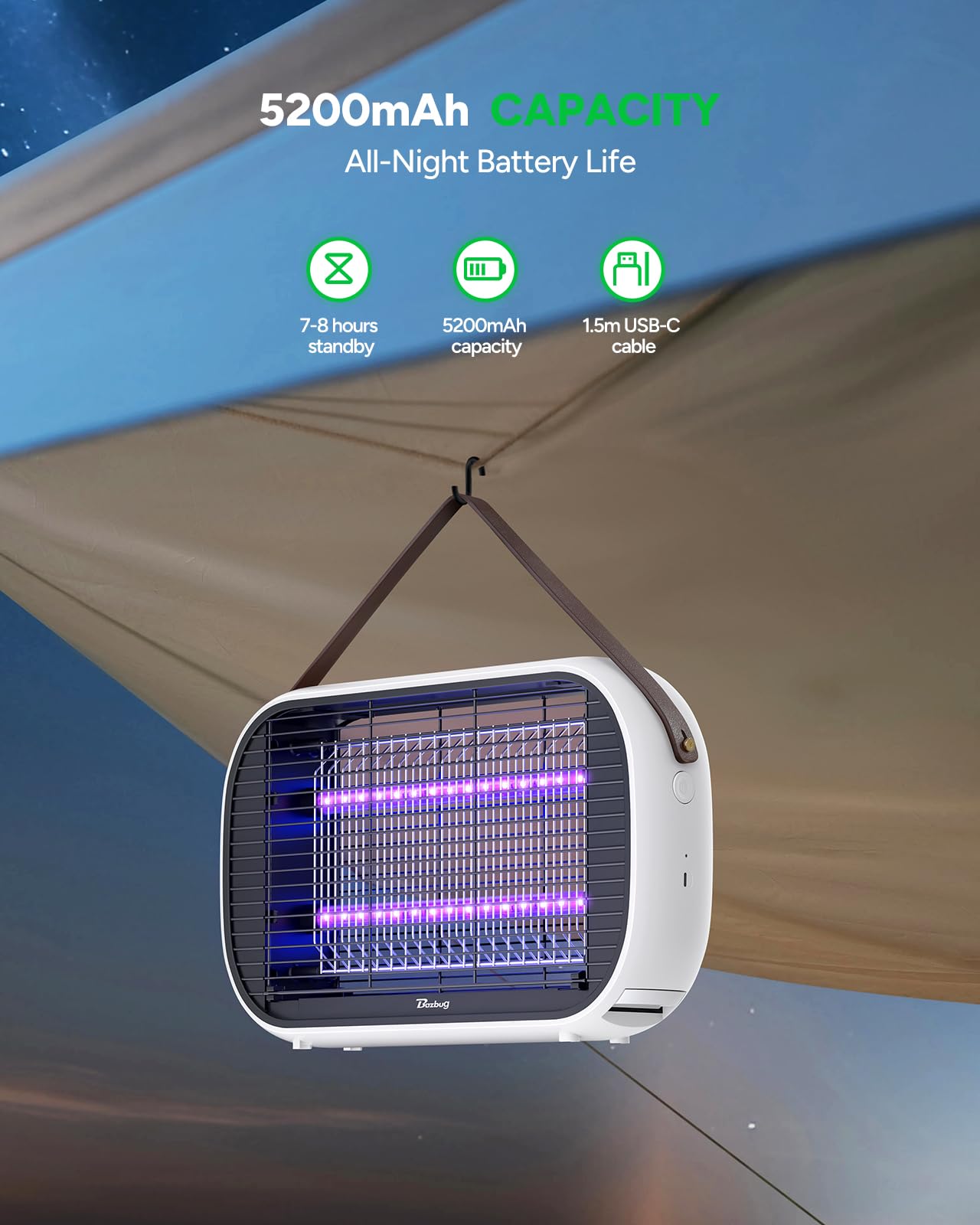 Buzbug LED Bug Zapper Outdoor Indoor, 10 Years Lifespan Lamp, Rechargeable 5200mAh Battery, Portable Camping Fruit Fly Mosquito Moth Gnat Wasp Trap, Killer, Zapper -MA015C (White)