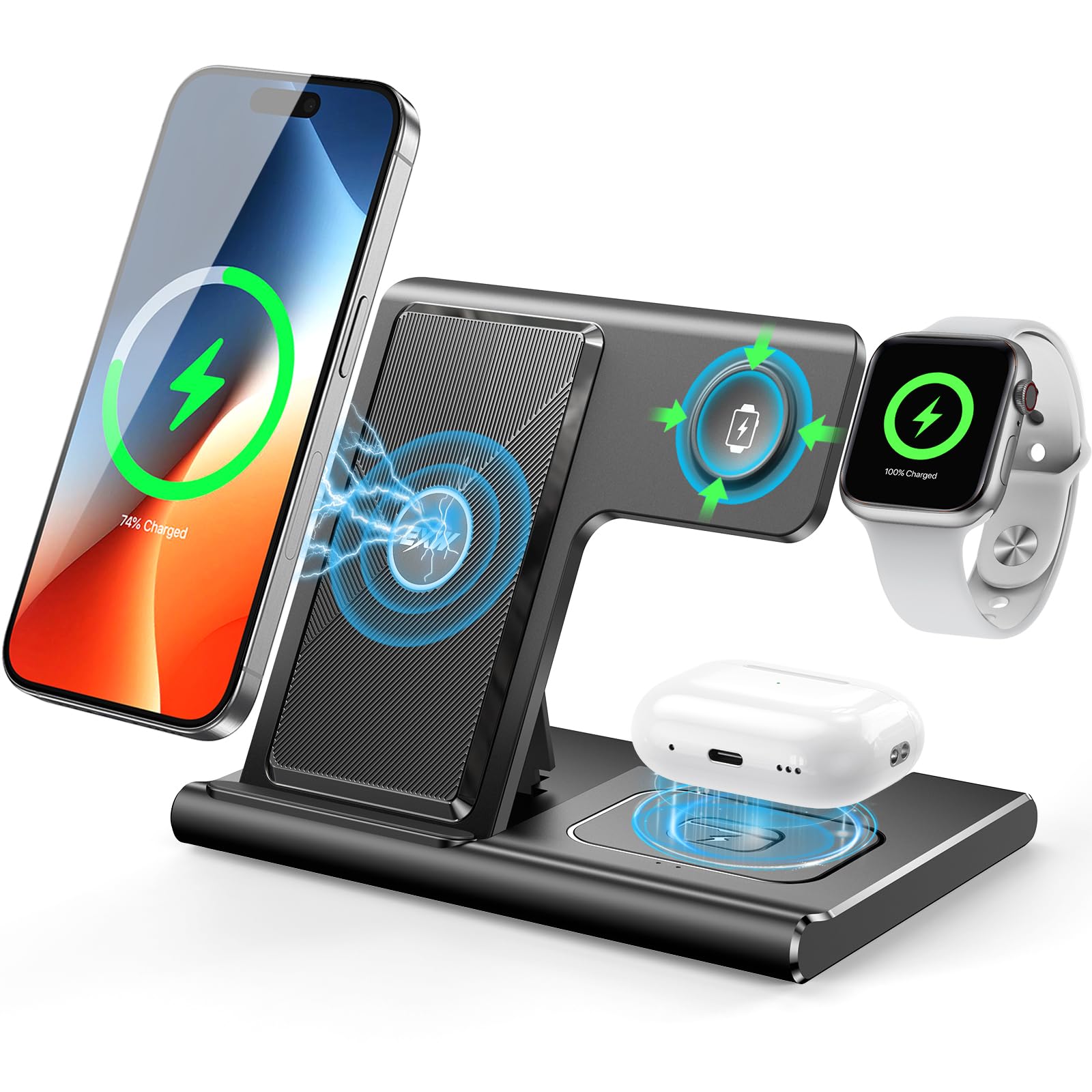 EXW [2024 Upgraded] Charging Station, 3 in 1 Charging Station for Apple Devices, Wireless Charger Stand for iPhone 16 15 14 13 12 11 Pro Max XR XS 8, Apple Watch and AirPods(18W Adapter Not Included)