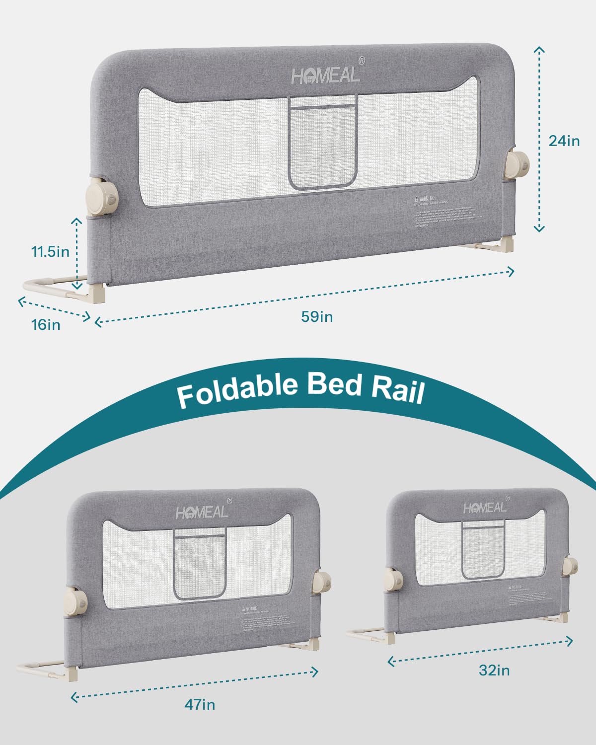 HOMEAL Bed Rail for Toddlers, 59in Swing Down Baby Bed Rail Guard, Toddler Bed Rails for King Size Beds, Twin, Full, Queen, Bed Guard Rail for Toddlers, Grey