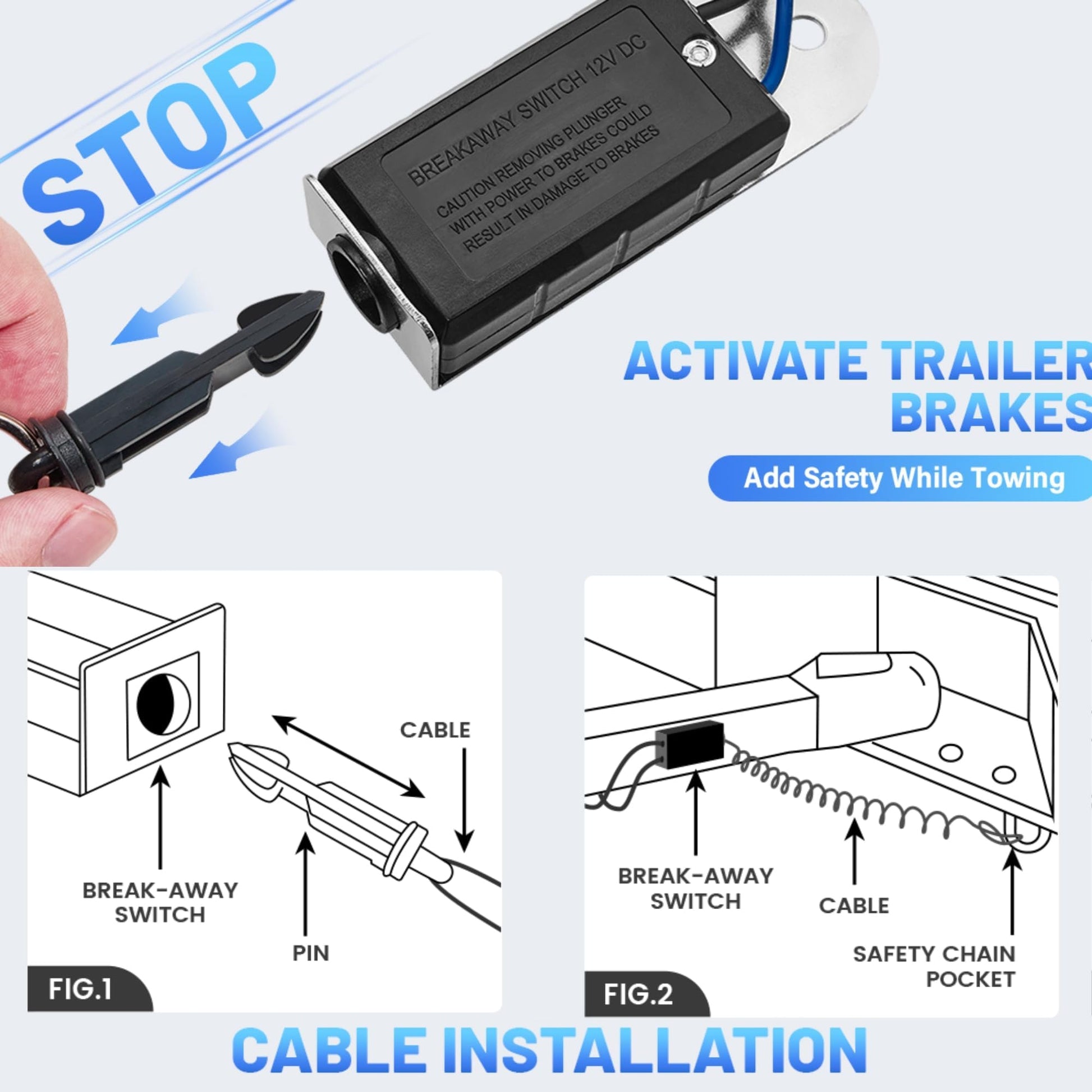 MECMO Trailer Breakaway Switch 4ft Brake Away Coiled Cable Large Carabiner, RV Camper Trailer Emergency Electric Break Switch with 4 Feet Stainless Steel Spring Towing Wire Safety Lanyard w/Pull Pin