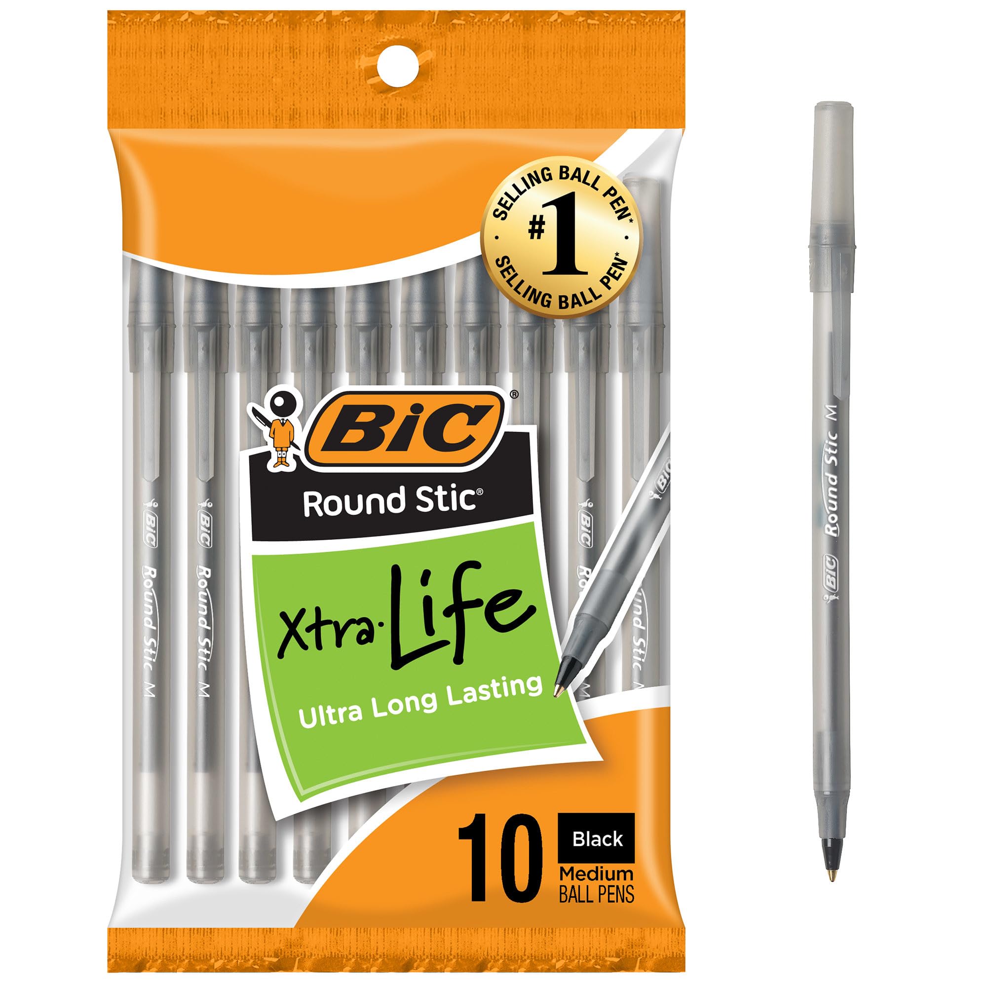 BIC Round Stic Xtra Life Schwarze Kugelschreiber, mittlere Spitze (1,0 mm), 10er-Packung Großpackung, flexibler runder Schaft für Schreibkomfort, meistverkaufte Kugelschreiber