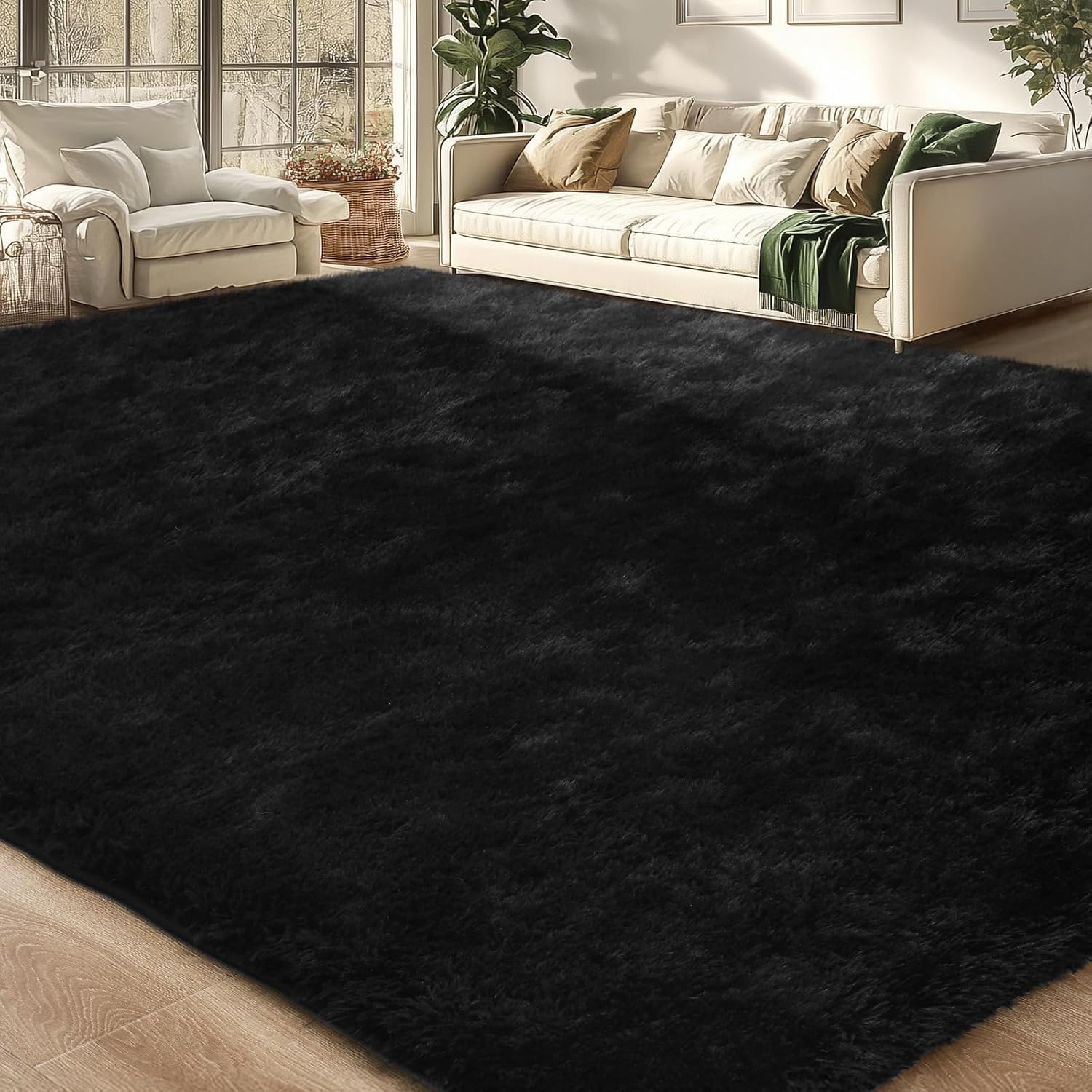 Merelax Soft Area Rug for Livingroom Bedroom, Machine Washable 4x6 Black Rugs Fluffy Shaggy Bedside Rug, Non Slip Indoor Carpet for Nursery Kids Room Home Decor Aesthetic
