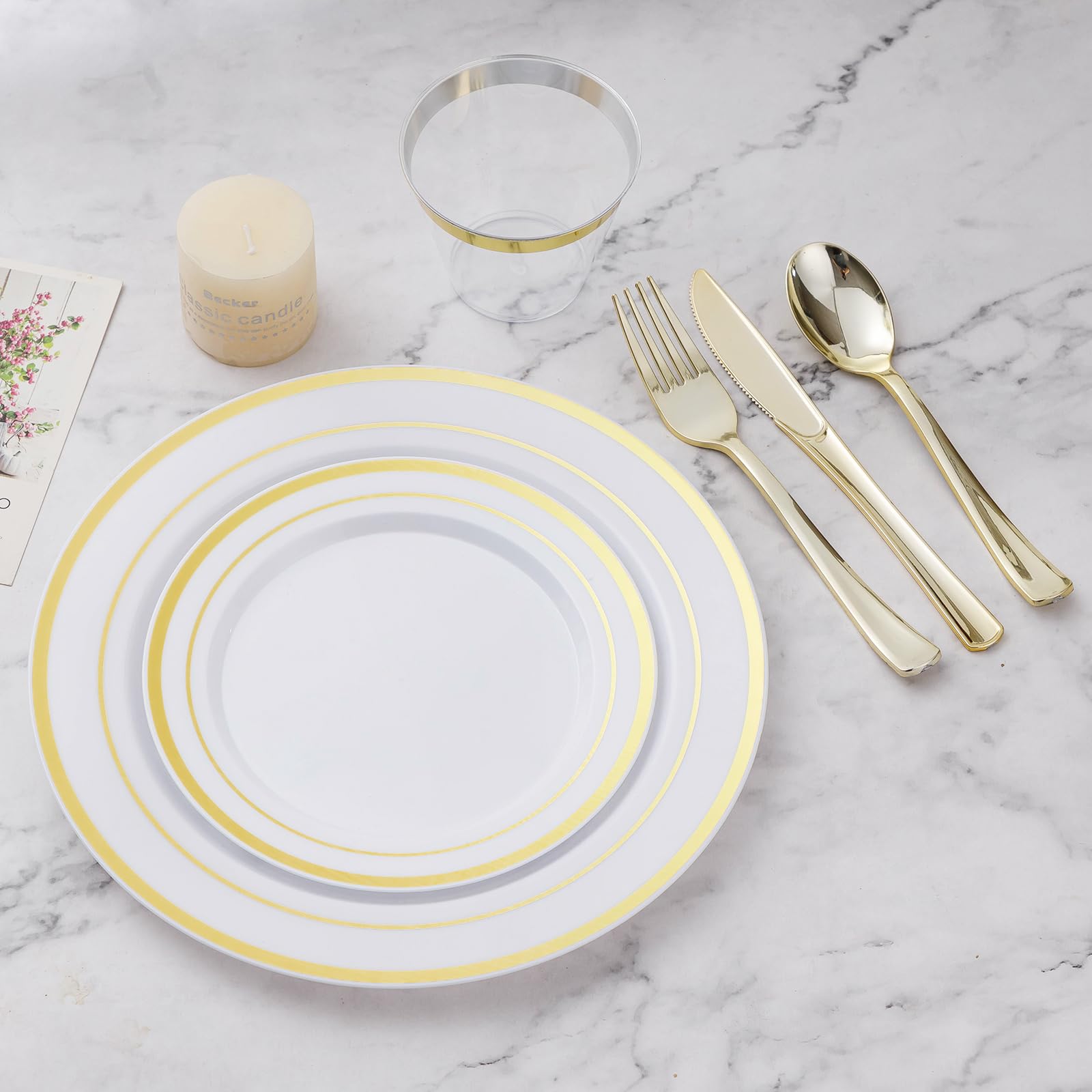 BESTVIP 600PCS Gold Dinnerware Set for 100 Guests, Plastic Plates for Party, 100 Gold Disposable Plates, 100 Dessert Plates, 100 Cups, 100 Spoons, 100 Forks and 100 Knives
