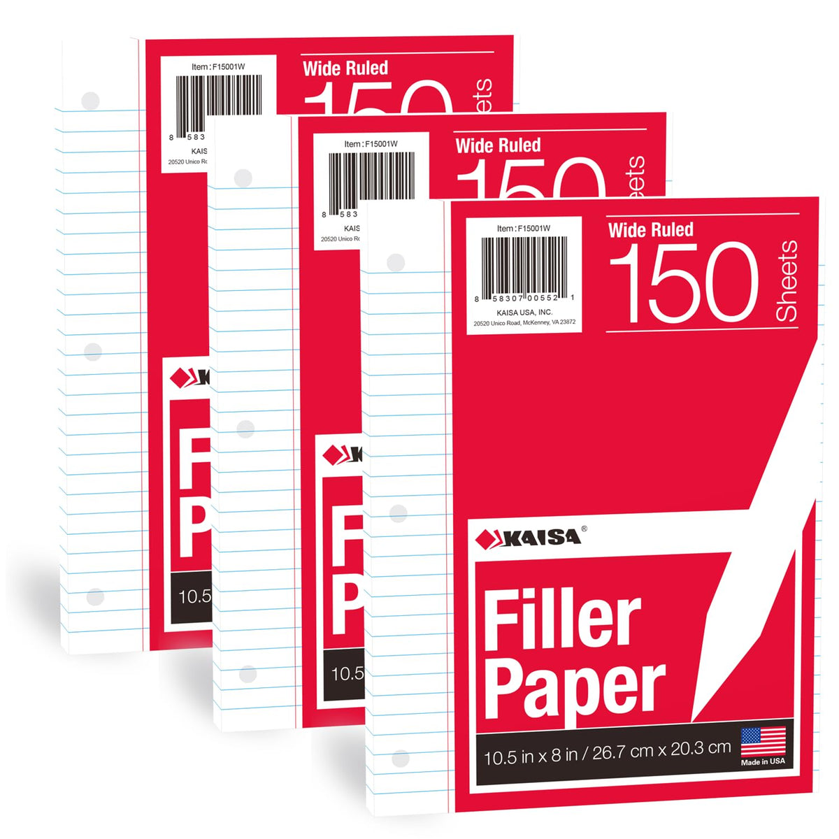 KAISA Collegeblockblätter, kariert, 20,3x26,7 cm, 3-fach gelocht für Ringbücher, 150 Blatt/Packung, 3er-Pack, F15001W
