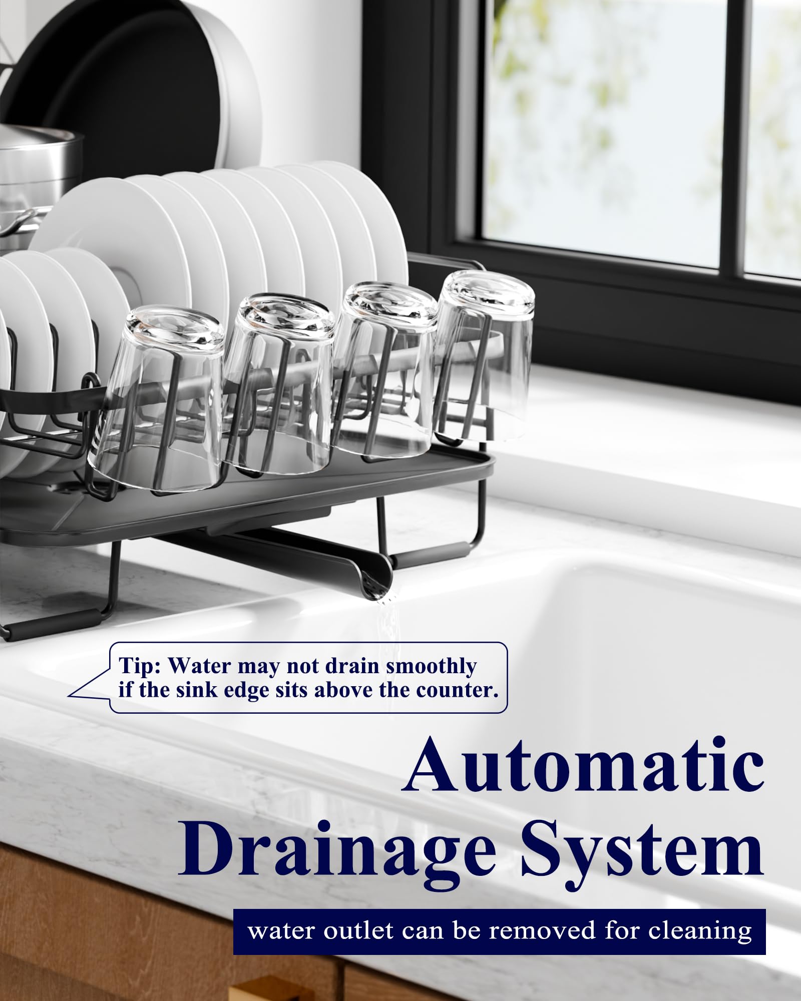 Kitsure Large Dish Drying Rack - Extendable Dish Rack, Multifunctional Dish Rack for Kitchen Counter, Anti-Rust Dish Drainers with Cutlery & Cup Holders 19.2"-26.7" L x 12.9" W, Black