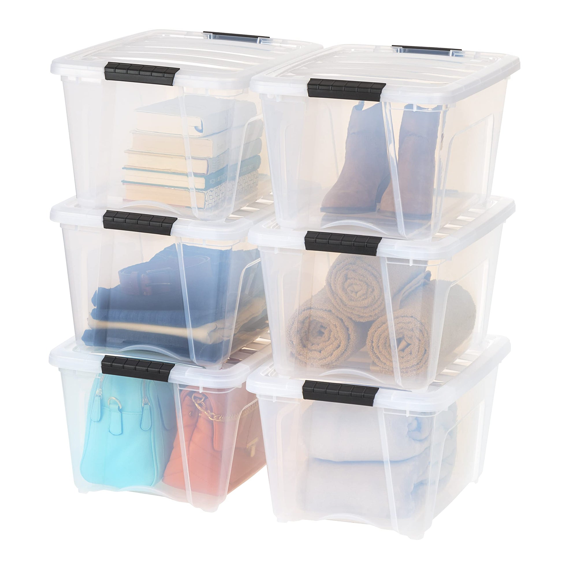 IRIS USA 6 Quart Stackable Plastic Storage Bins with Lids, 10 Pack - BPA-Free, Made in USA - See-Through Organizing Solution, Latches, Durable Nestable Containers, Secure Pull Handle - Clear/Black