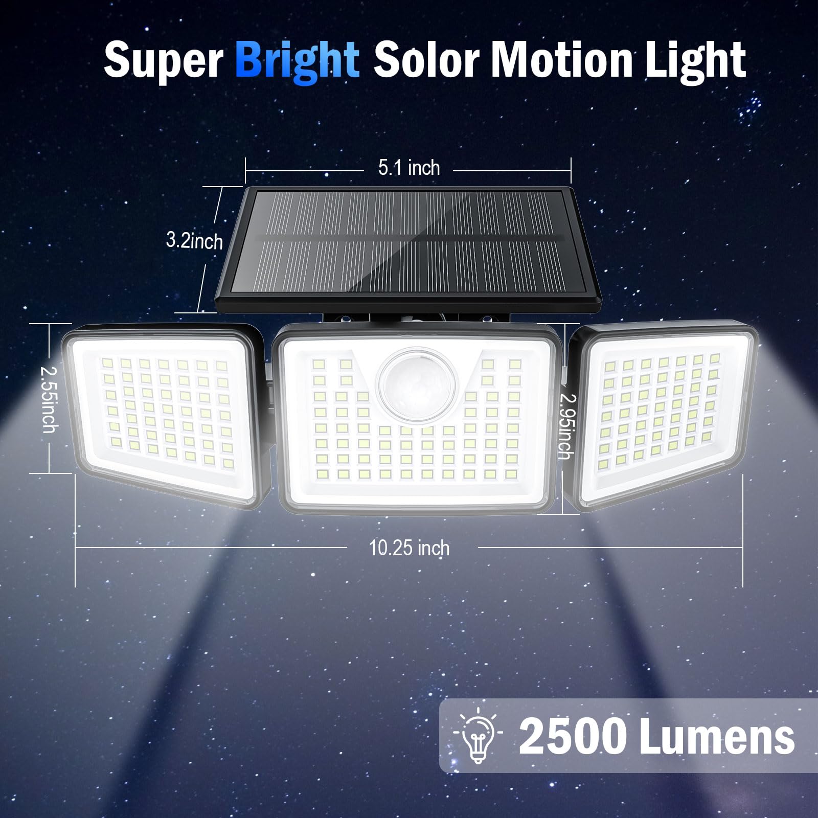 daphino 2500LM Solar Lights Outdoor with Motion Sensor,3 Head 270° Wide Angle Street Area Lights, IP65 Waterproof Security Lighting with 3 Modes(Non-Remote,2 Pcs)