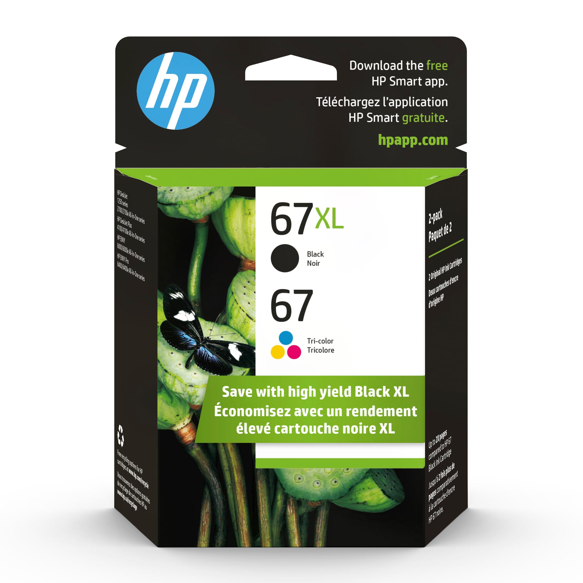 خراطيش حبر HP الأصلية 67 ثلاثية الألوان / 67XL سوداء (عبوة من قطعتين) | تعمل مع طابعات DeskJet 1255، 2700، 4100 Series Envy 6000، 6400 Series | مؤهلة لخدمة Instant Ink | 3YP30AN
