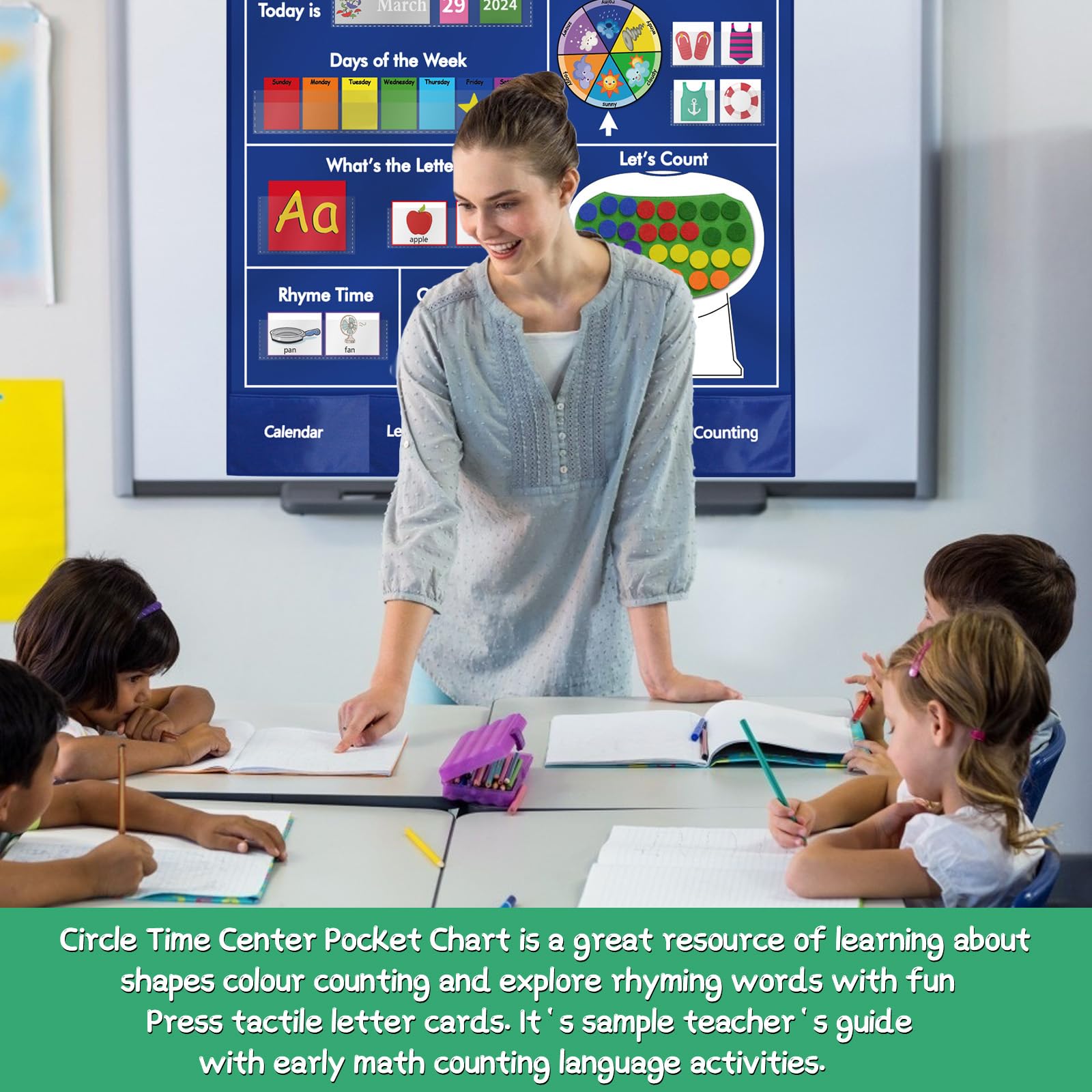 KIKIGOAL Circle Time Center Classroom Pocket Chart Educational Pocket Chart Teaching Materials Learning Calendar Weather Counting Letter Color Shape etc