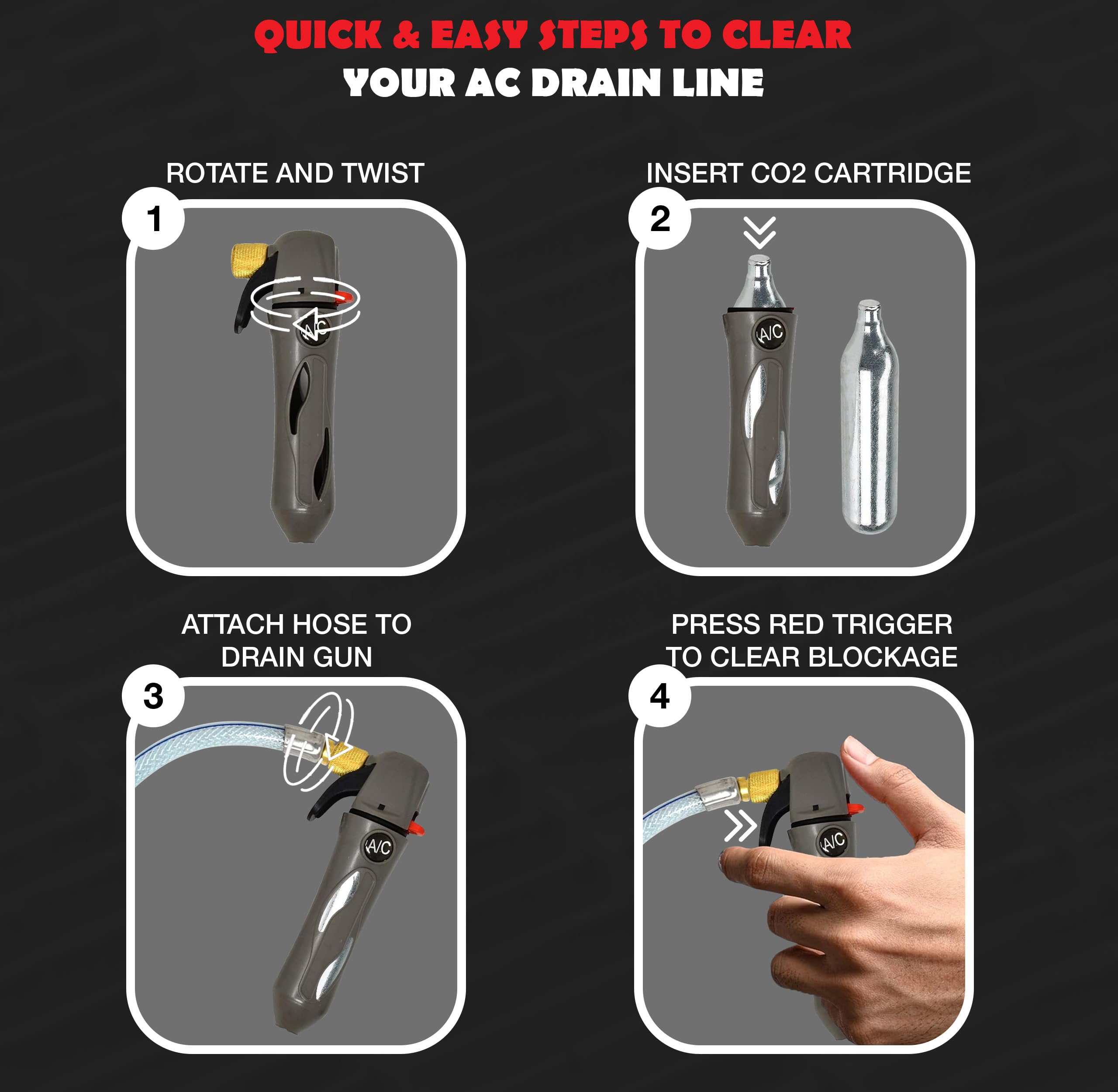RedRock Gallo Drain Gun- with 5 Unthreaded CO2 Cartridges for A/C Condensate Line - Air Conditioner Cleaner Blaster Opener Kit with Five Cartridge Clears HVAC Clogs