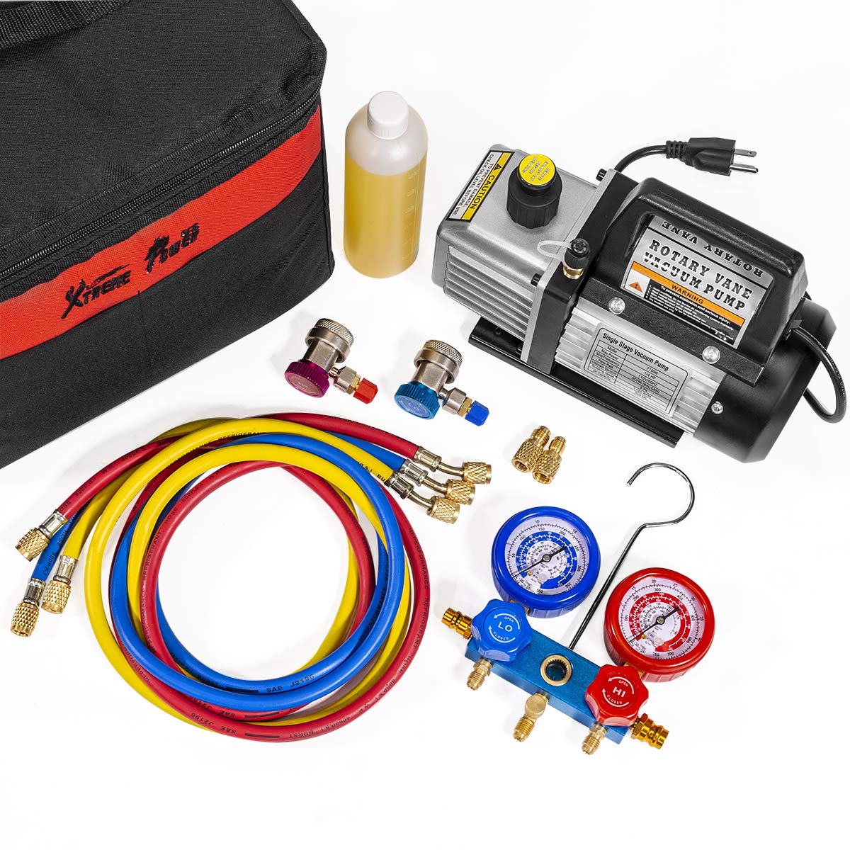 XtremepowerUS HVAC Air Vacuum Pump 3CFM 1/4HP (R134a R12 R22 R410a) A/C Refrigeration AC Manifold Gauge R134 Can-Tap Included Carrying Tote