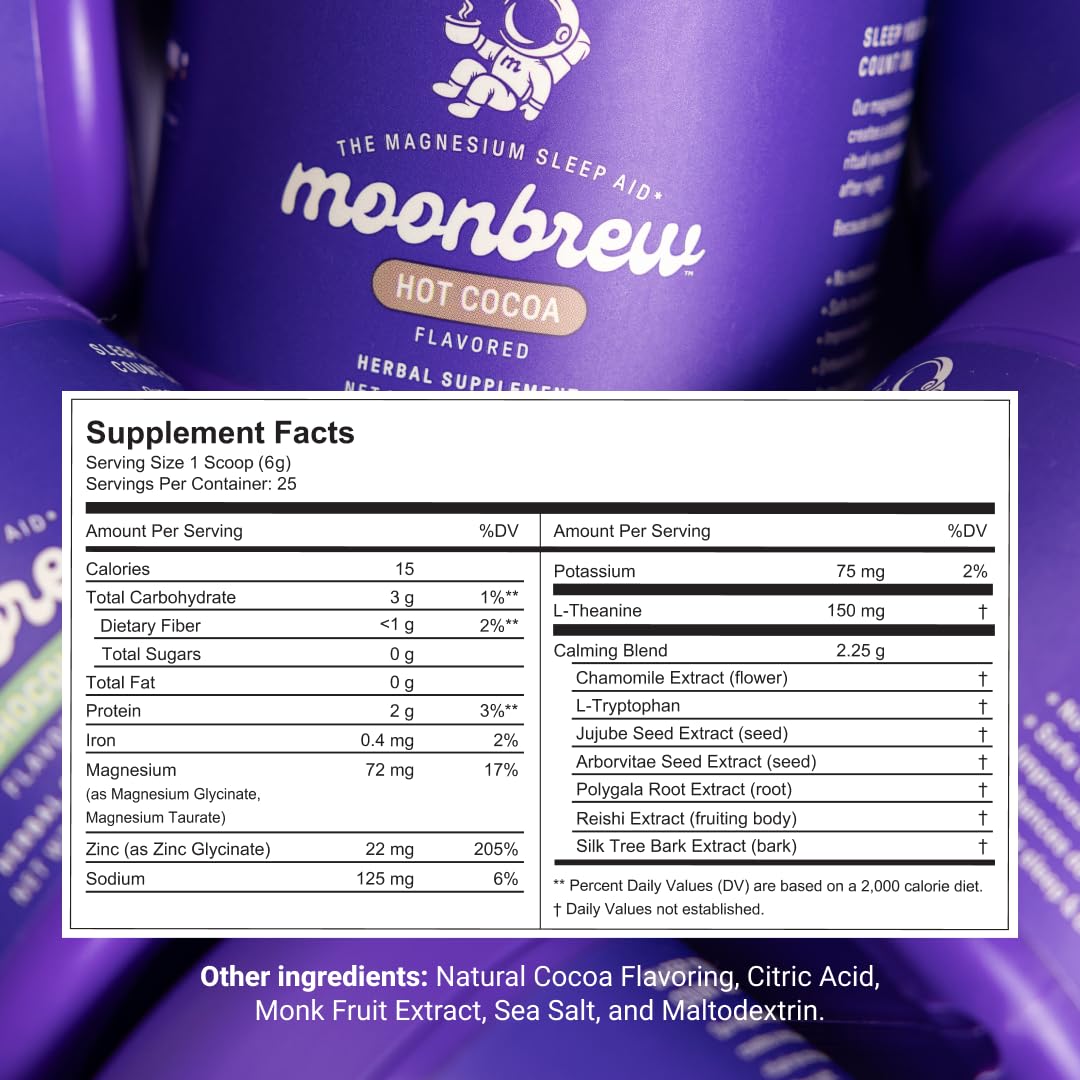 MoonBrew Nighttime Magnesium Hot Cocoa Jar, Natural Sleep Aid Drink Mix for Adults - Calming Melatonin-Free Sleep Support - Sleepy Hot Chocolate Powder with L-Theanine, Chamomile & Zinc Glycinate