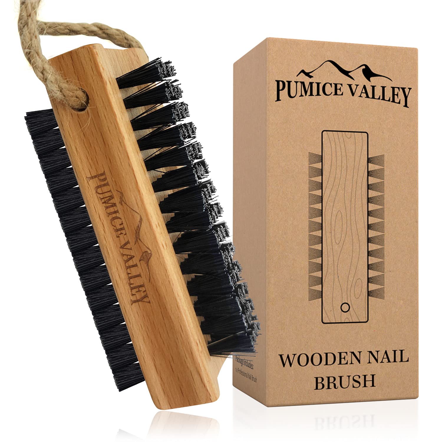 Reinigungs-Nagelbürste aus Holz mit Nylon-Kohleborsten und Aufhängeband – doppelseitige Nagelbürste zum Reinigen von Finger- und Zehennägeln (Buchenholz)