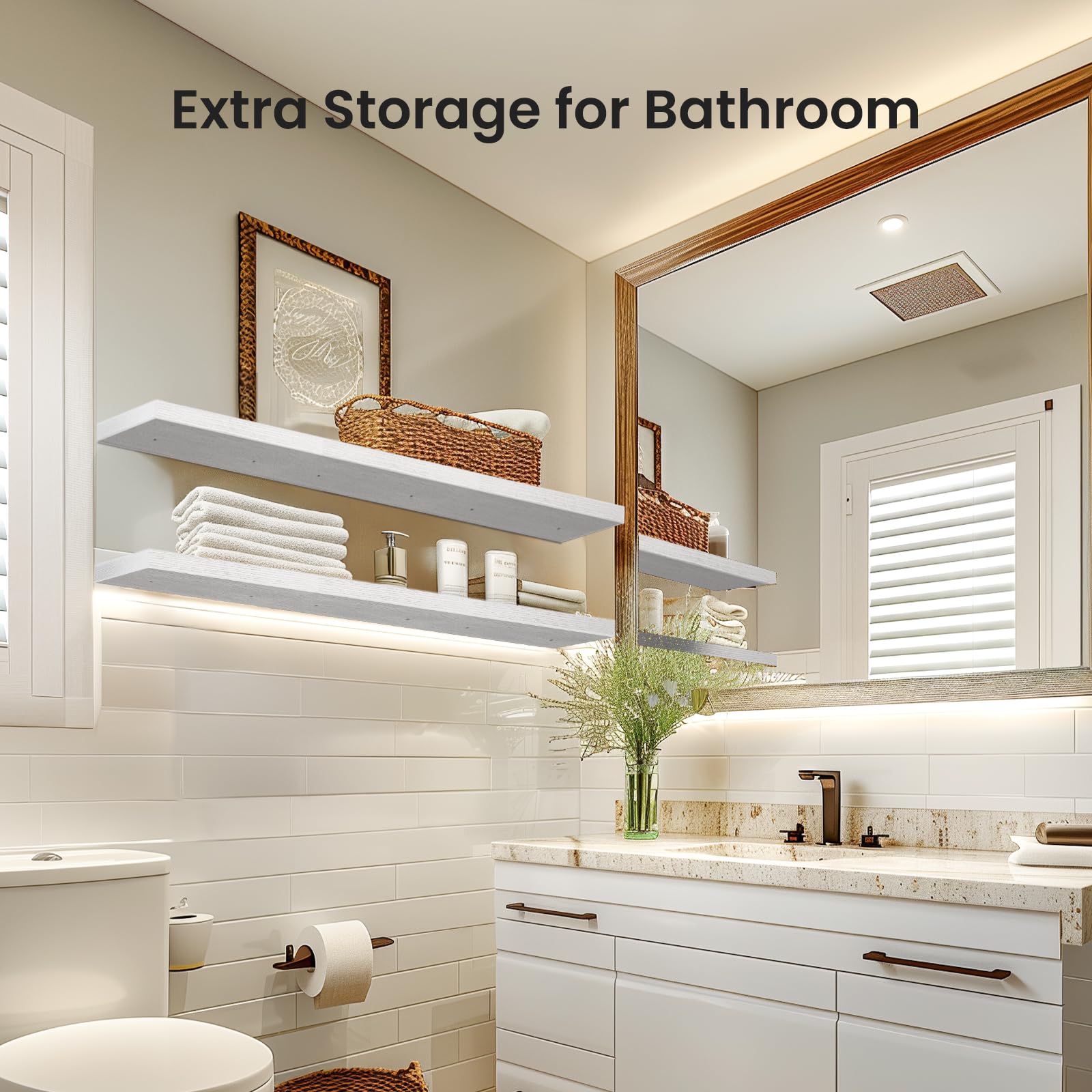 AMADA HOMEFURNISHING Floating Shelves, Wall Shelves for Bathroom/Living Room/Bedroom/Kitchen Decor, White Shelves with Invisible Brackets Set of 3 - AMFS08