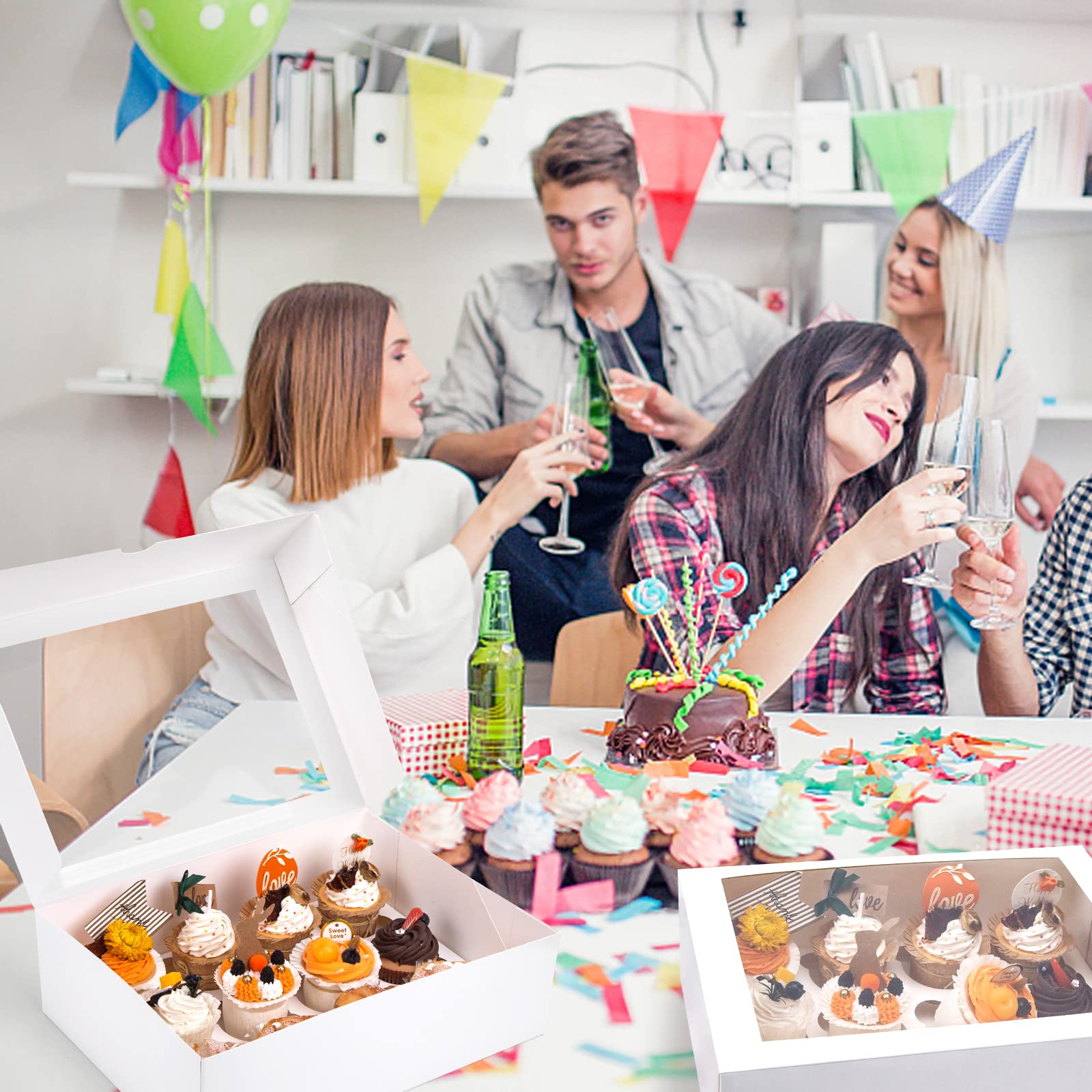 VGOODALL 12 Count Cupcake Boxes, 6PCS Cupcake Container with Window Boxes Holding 72 Pastry Box for Birthday Holiday Party Bakery Supplies 13.2"x9.8"x4"