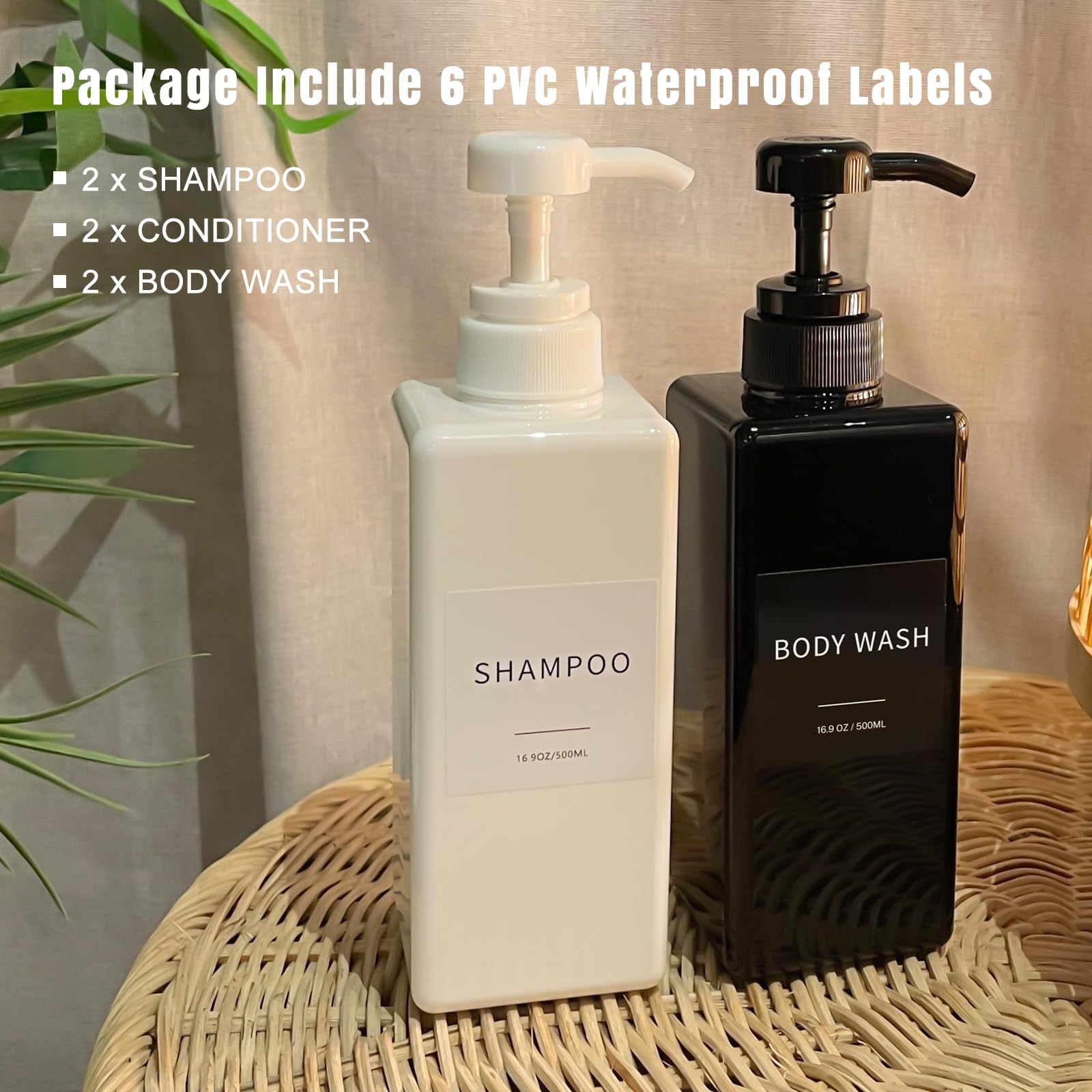 Shampoo and Conditioner Dispenser, Refillable Plastic Shampoo Pump Bottles with Waterproof Labels, Empty Body Wash Dispenser Set for Bathroom, Shower Soap Bottles (Black, Set of 3, 16.9oz)
