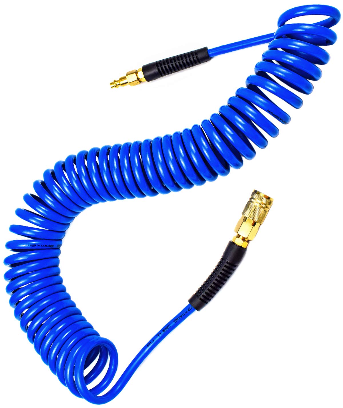 YOTOO Polyurethan-Spiralschlauch, Kompressorschlauch, 1/4" Innendurchmesser, 7,6 m lang mit Knickschutz, 1/4" Industriell-Schnellkupplung und Stecker, Blau