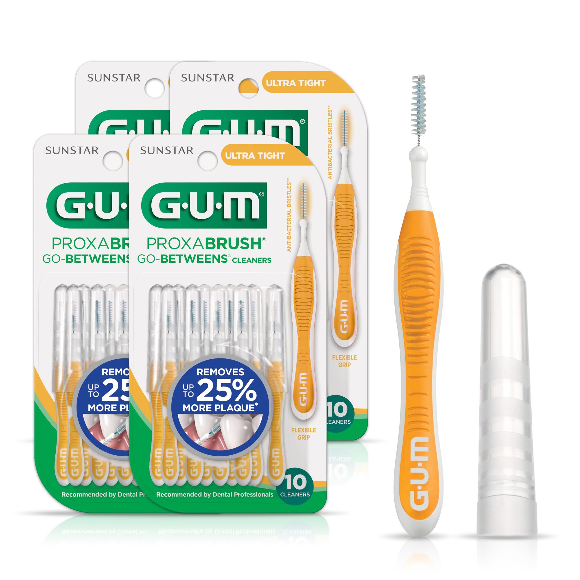 GUM Proxabrush Go-Betweens - فرش أسنان بينية فائقة الضيق - شعيرات ناعمة لإزالة البلاك - آمنة لتقويم الأسنان وأجهزة الأسنان، 10 عدد (عبوة من 4)