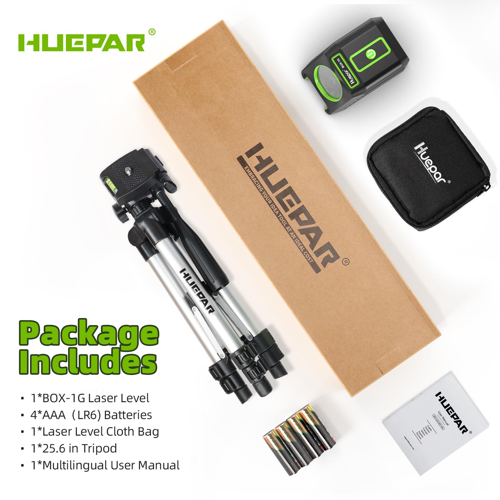 Laser Level with Tripod, Huepar 150Ft Self Leveling Lazer Level Outdoor Use, 150° Vertical Green Cross Line Level Laser for Picture Hanging, Tile, Construction Project - Pulse Mode (25.6 in Tripod)