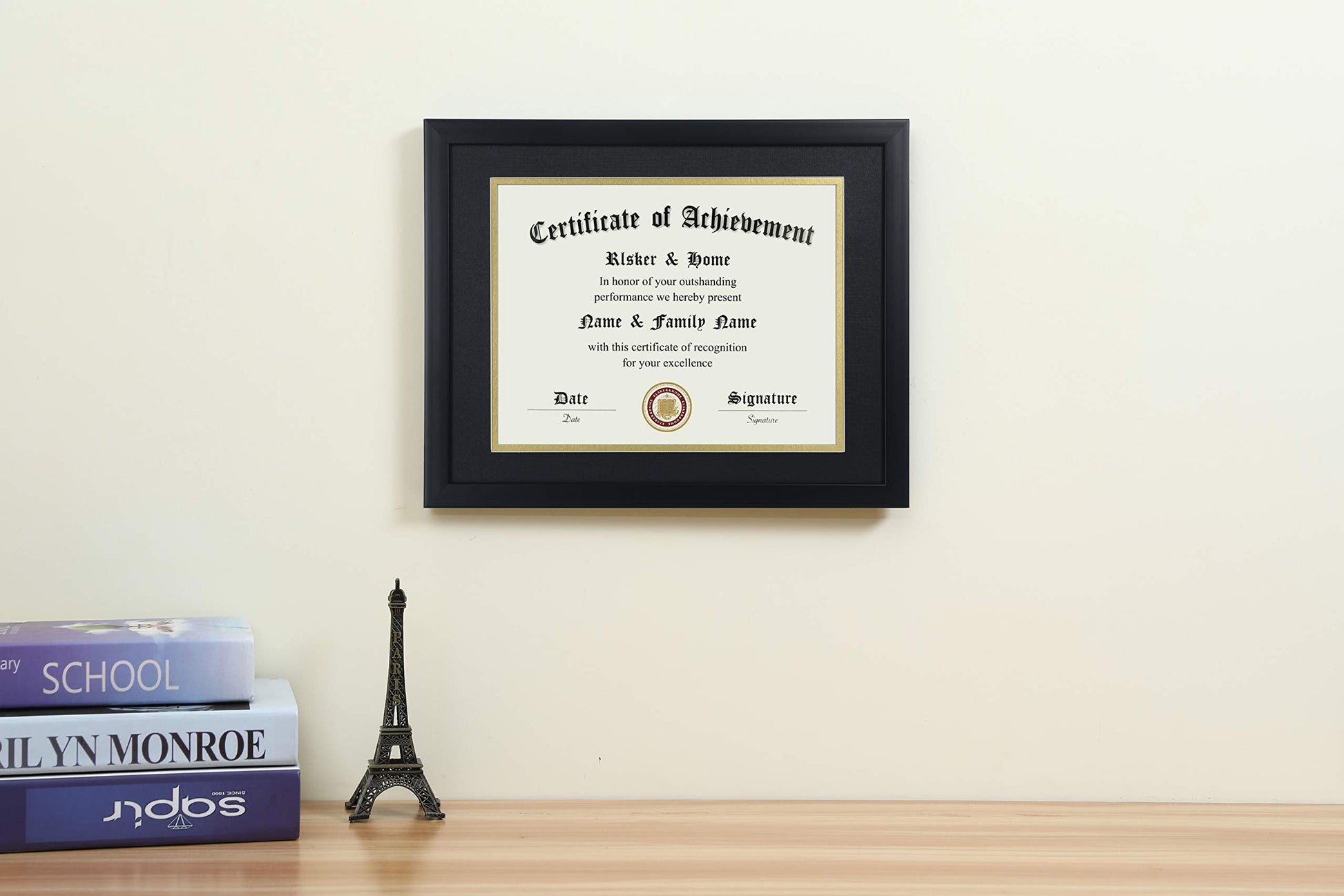 ELSKER&HOME 8.5x11 Certificate Frame - Classic Black Color Frame - Displays Diploma 8.5x11 Inch with Mat - 11x14 Inch Without Mat - For Document/Photo(Double Mat - Matte Black with Gold Rim)