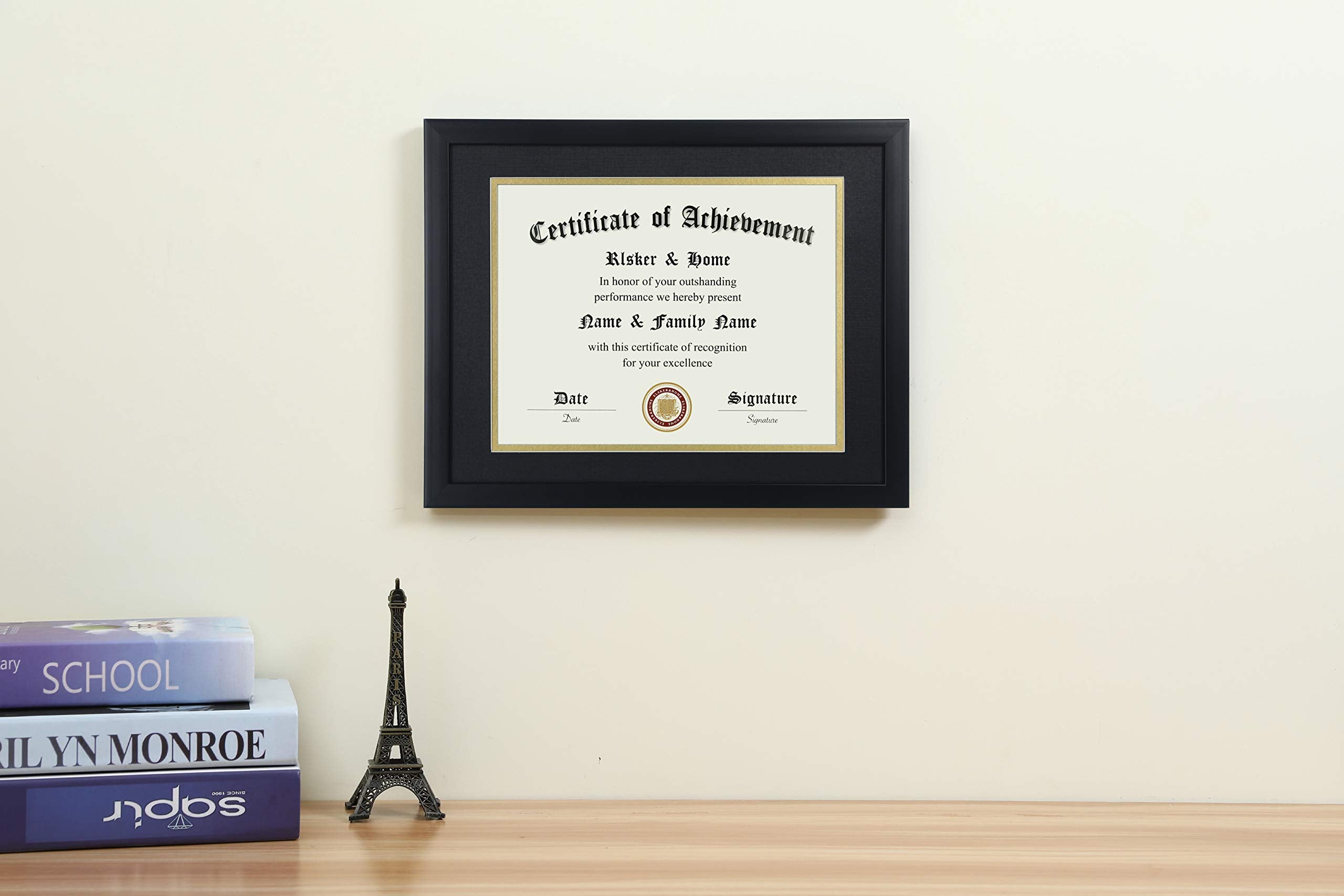 ELSKER&HOME 8.5x11 Certificate Frame - Classic Black Color Frame - Displays Diploma 8.5x11 Inch with Mat - 11x14 Inch Without Mat - For Document/Photo(Double Mat - Matte Black with Gold Rim)