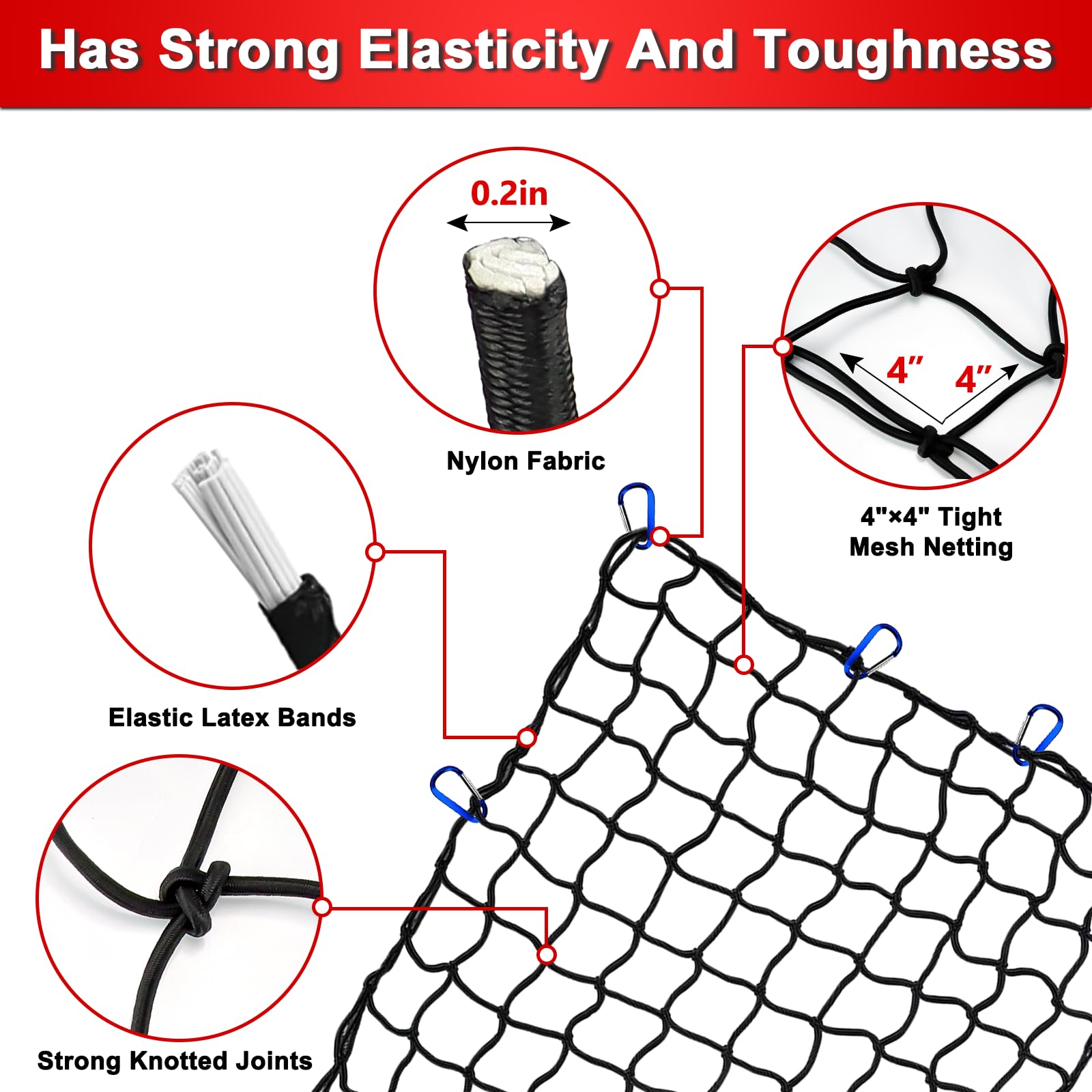 4’x6’ Truck Cargo Net Expands to 8' x 12' with 4"x4" Mesh Grid Super Duty Bungee Heavy Duty Bed Netting for Truck Bed Stretches with 12 Adjustable Metal Carabiners by Cenipar