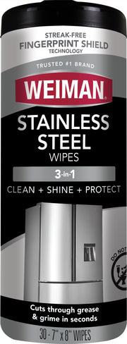 Weiman Stainless Steel Cleaner, 30 Count Cleaning Wipes, Removes Dirt, Grime, and Grease, No Streaks or Residue, Stainless Steel Polish for a Sparkling Clean and Shiny Surface, Cleaning Supplies