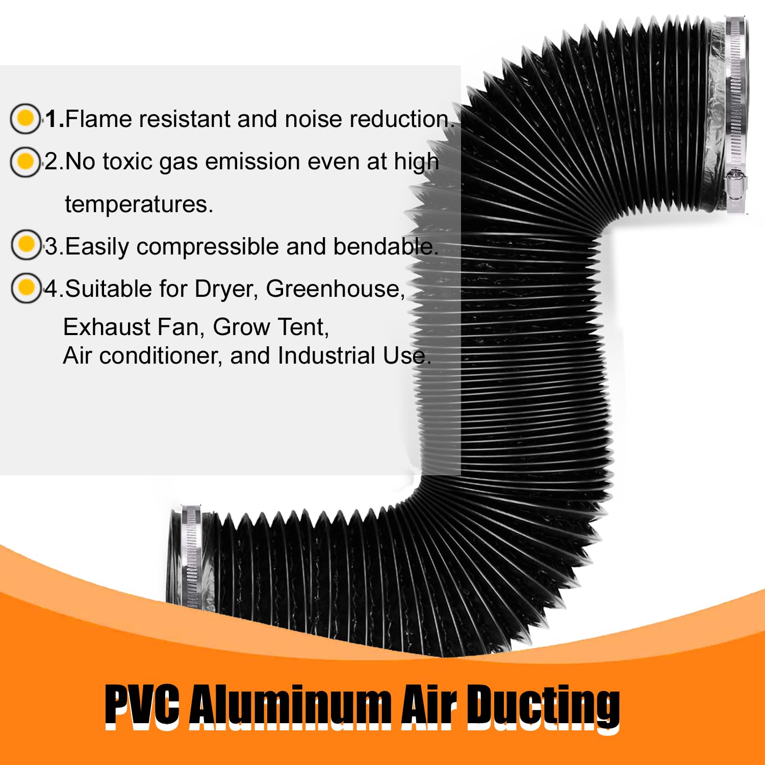 Dryer Vent Hose - 4 inch Flexible Duct, 8ft Long, Heavy-Duty Four-Layer Protection - Ideal for Heating, Cooling, Ventilation - Includes 2 Pack Clamps