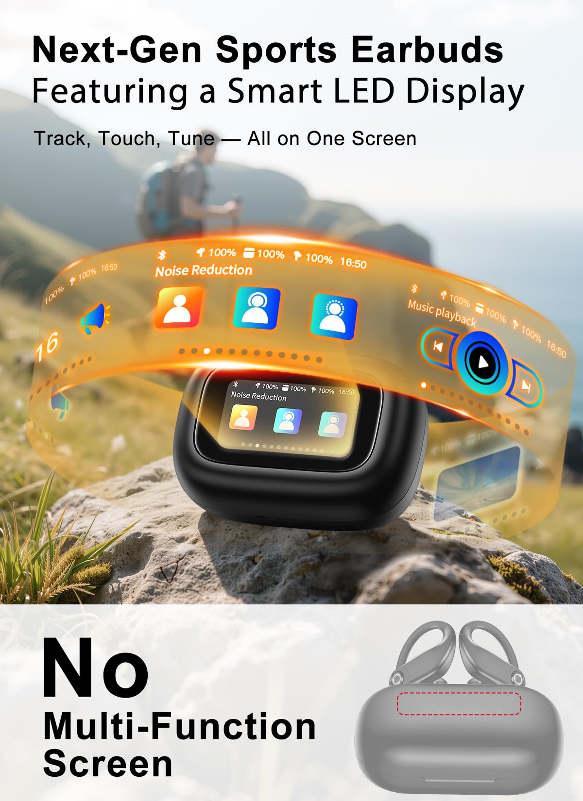 jaddsa Wireless Earbuds, ENC Noise Cancelling Sport Ear Buds with Multifunctional Touch Screen, Bluetooth 5.4 Headphones, Bass Stereo Sound, 5 EQ Over The Ear Earbuds for Sports/Workout/Gym-Black