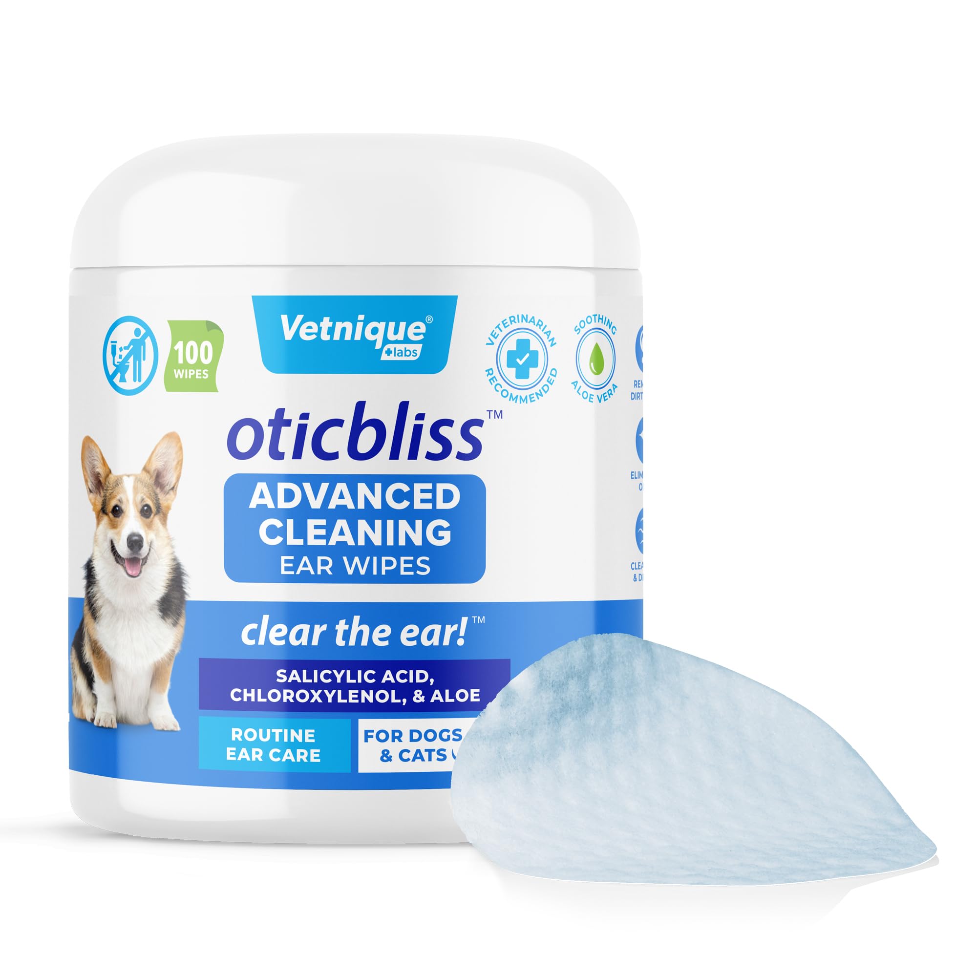 VETNIQUE Oticbliss Advanced Cleaning Ear Wipes for Dogs & Cats for Odor Control, Dirt and Wax Removal with Soothing Aloe Vera, Drying Agent and Vitamin E, Clear the Ear 100ct Wipes