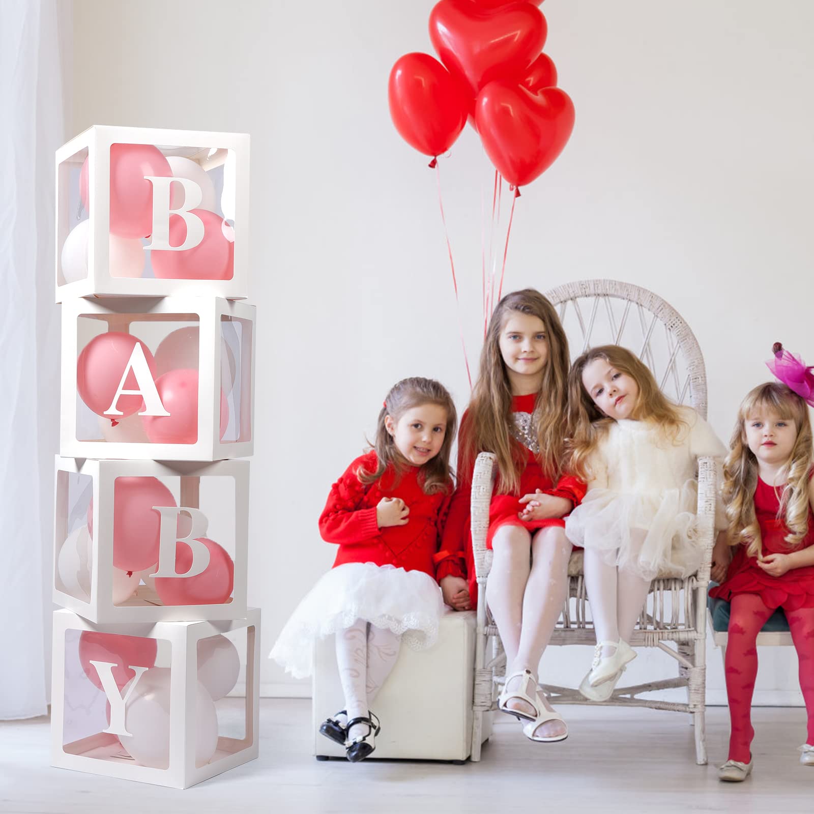 Baby Boxes with Letters for Baby Shower, 4 Transparent Balloon Boxes with Letters for Gender Reveal Birthday Wedding Baby Shower Decorations (White)