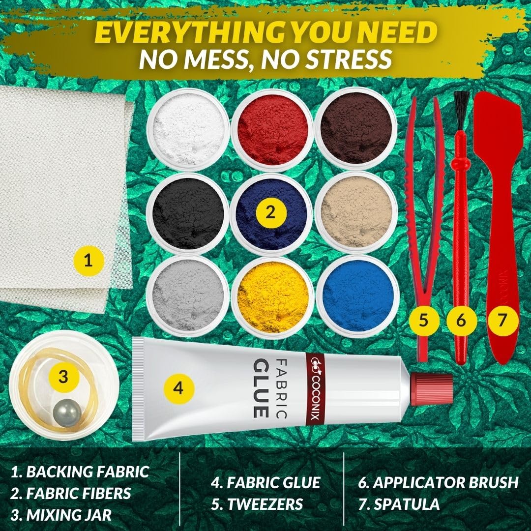 COCONIX Fabric & Carpet Repair Kit | Fix Tears, Holes, and Burns on Fabric and Carpet Upholstery, Rugs, and Clothing | Easy Application with Customizable Colors