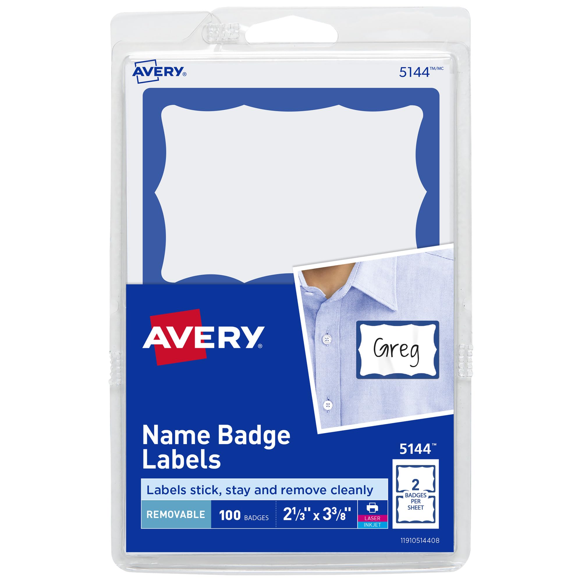 Avery Customizable Name Tags, 2-1/3" x 3-3/8", White with Blue Border, 100 Removable Name Badges (05144)