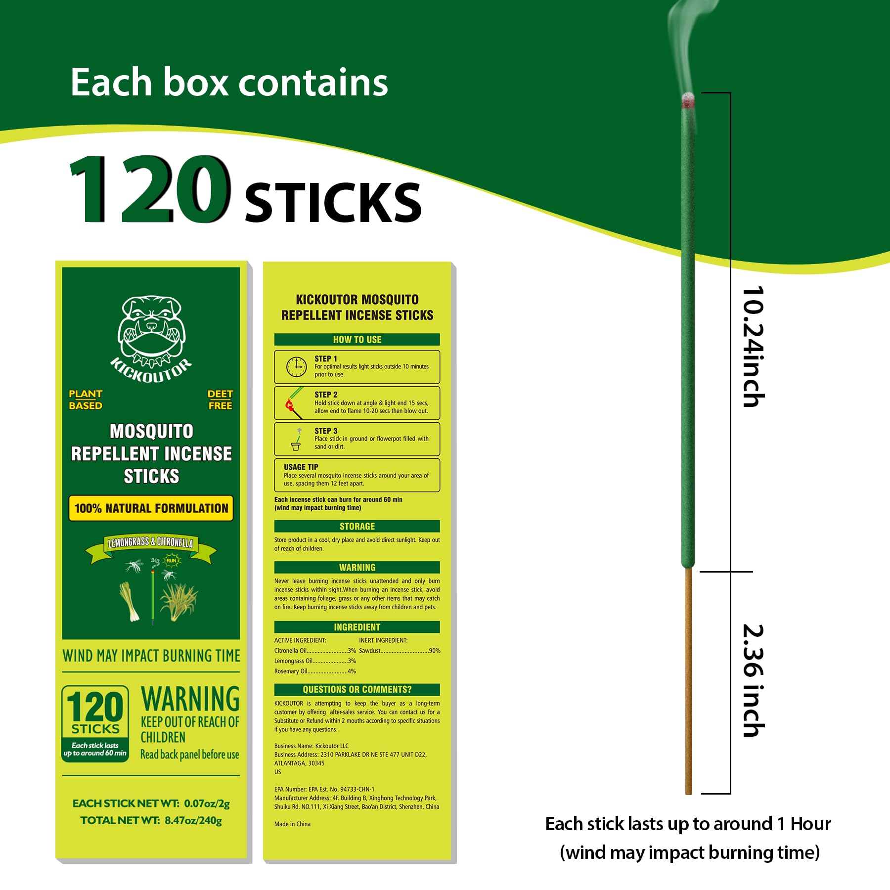KICKOUTOR® Mosquito Repellent Outdoor Patio 120 PCS Citronella Oil Mosquito Incense Sticks Natural Organic Mosquito Barrier Mosquito Repeller for Backyard Travel Camping Indoors Gnat Mosquito Control