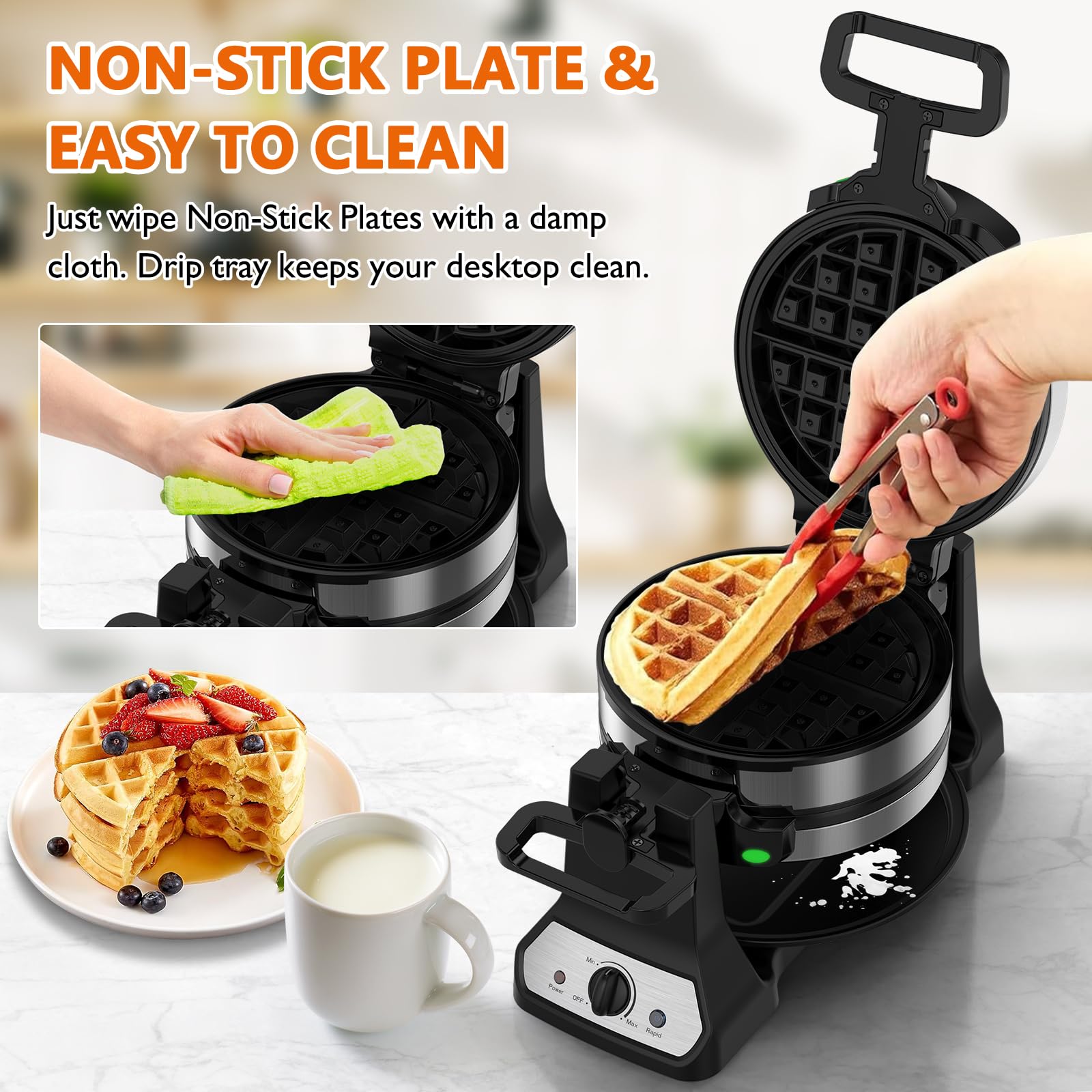Waffle Maker, 1400W Belgian Waffle Maker, Double Waffle Iron 180° Flip, Rotating Nonstick Plates, Adjustable Browning Control, Locking Buckle & Cool Touch Handle, Removable Drip Tray, Stainless Steel