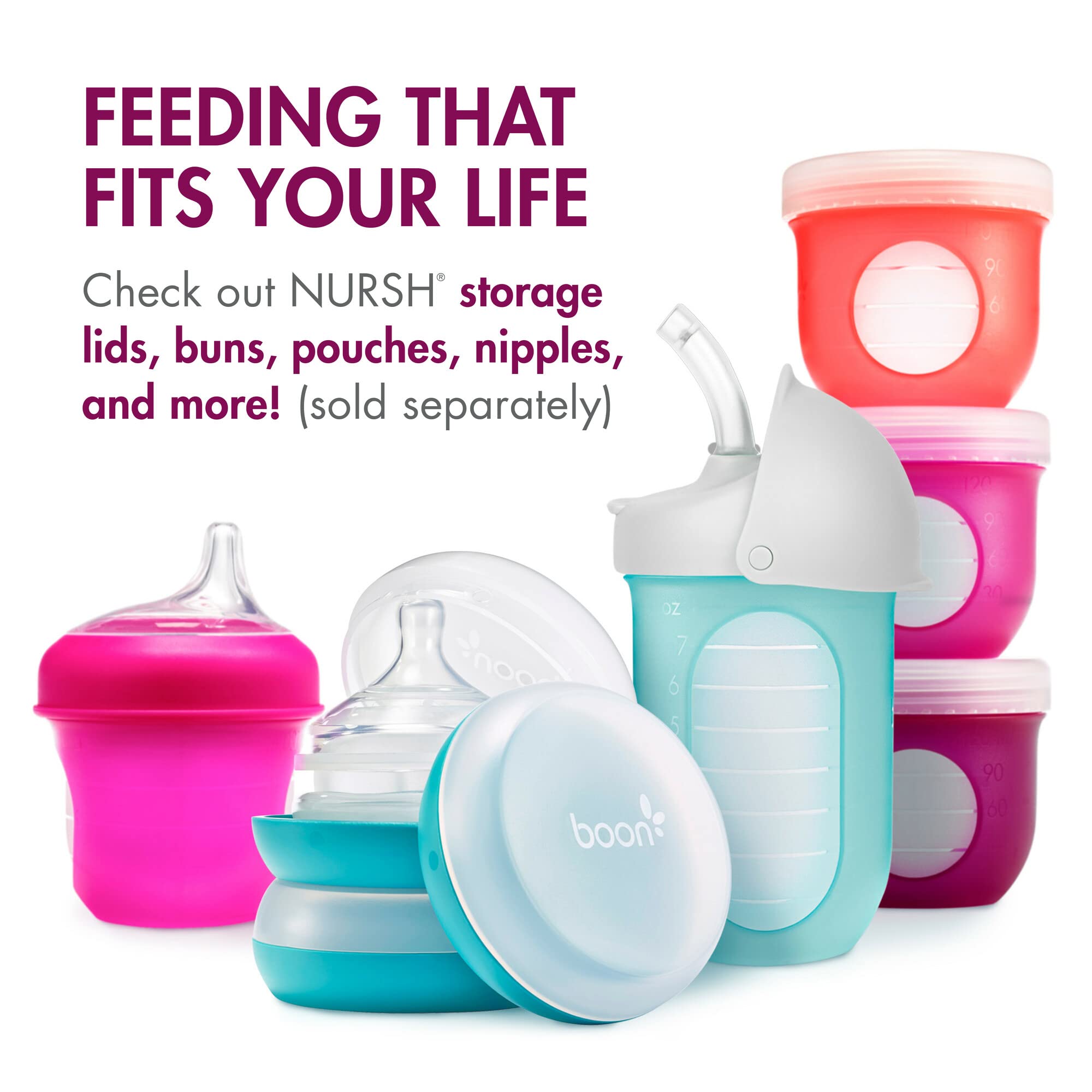 Boon Nursh Reusable Silicone Pouch Baby Bottles - Medium Flow Nipple - Silicone Baby Bottle Pouch and Nipple - Baby Feeding Essentials - Pink - 3-6 Months - 3 Count - 8 Ounce